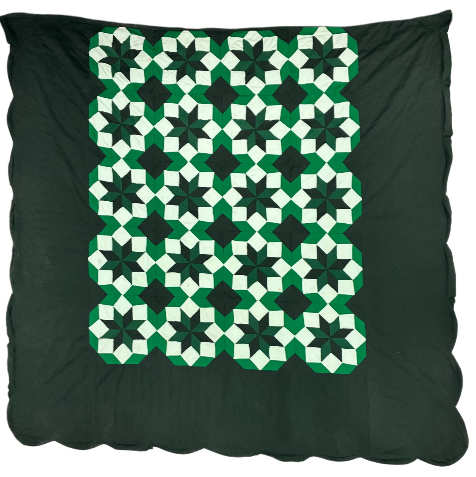 American Green & White Star Medallion Quilt: 96"x93" American pieced quilt featuring a repeated green and white geometric star or rosette pattern arranged within a large dark green field. Twenty blocks form interlocking circular motifs with