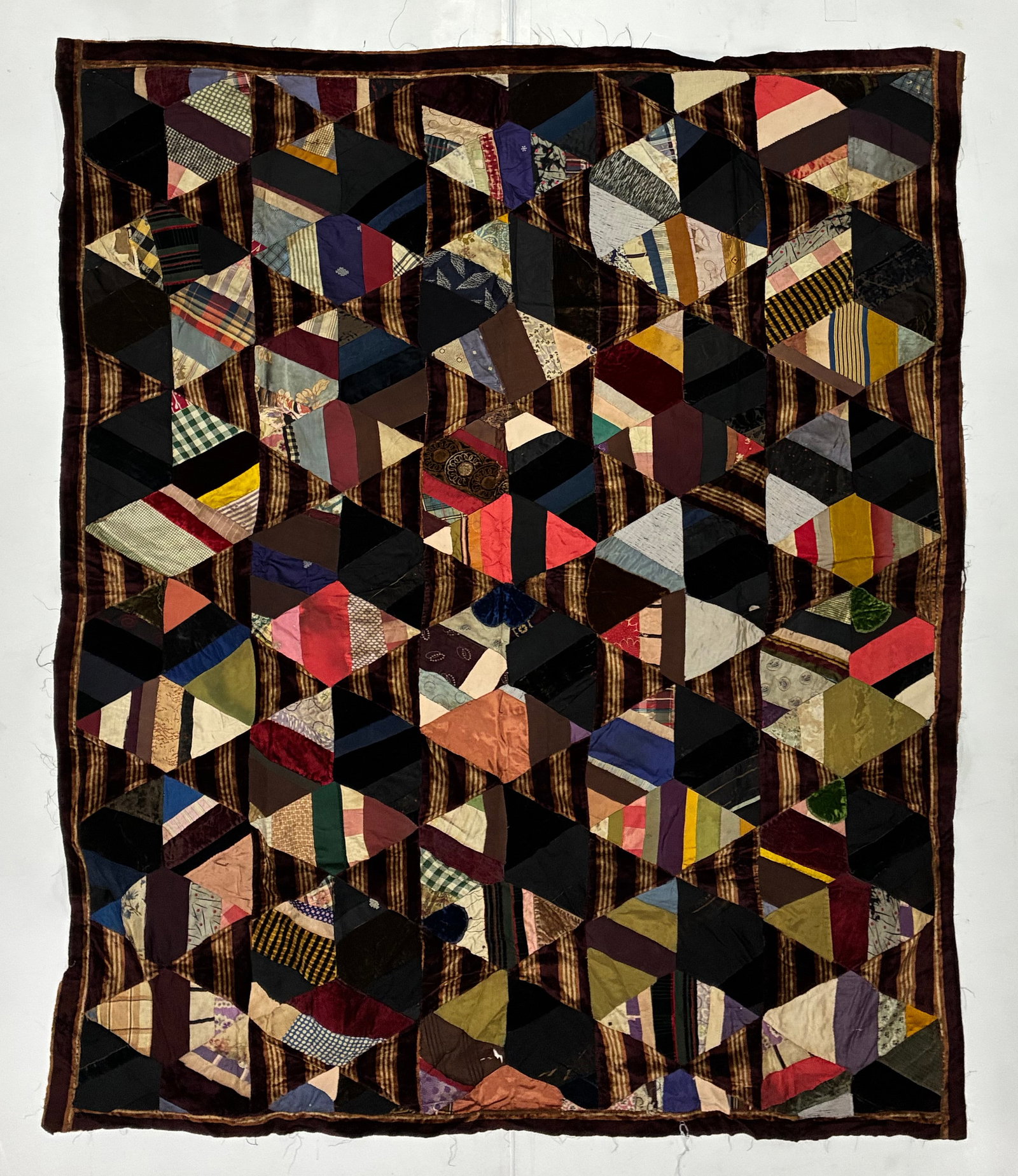 Early 20th Century American Silk & Velvet Tumbling Blocks Crazy Quilt (1 of 2)