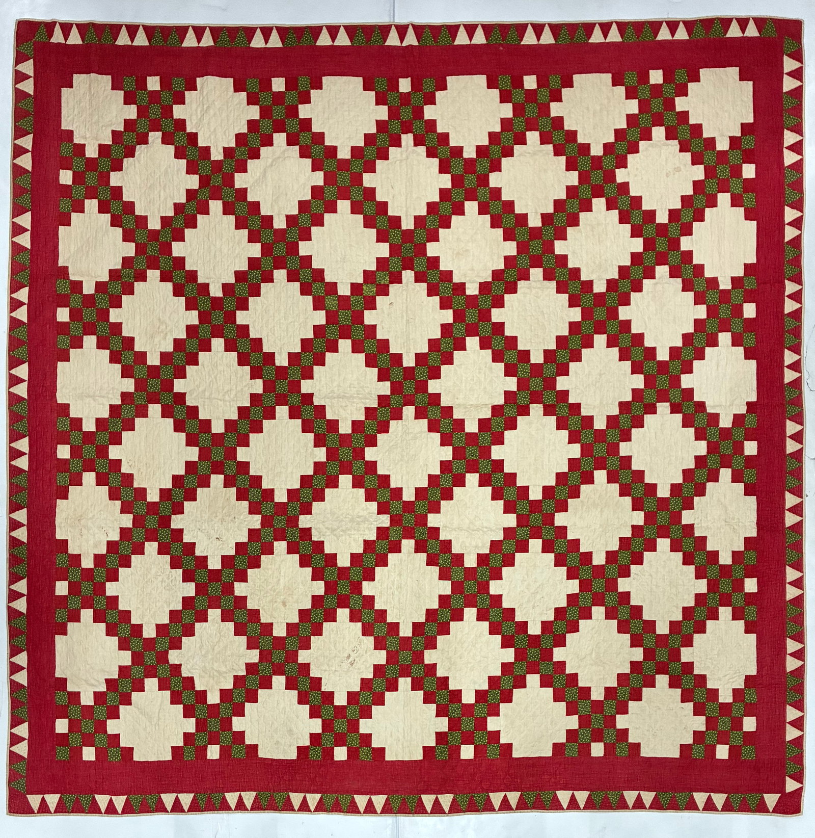 American Double Irish Chain Quilt in Red, Green & White with Sawtooth Border (1 of 2)