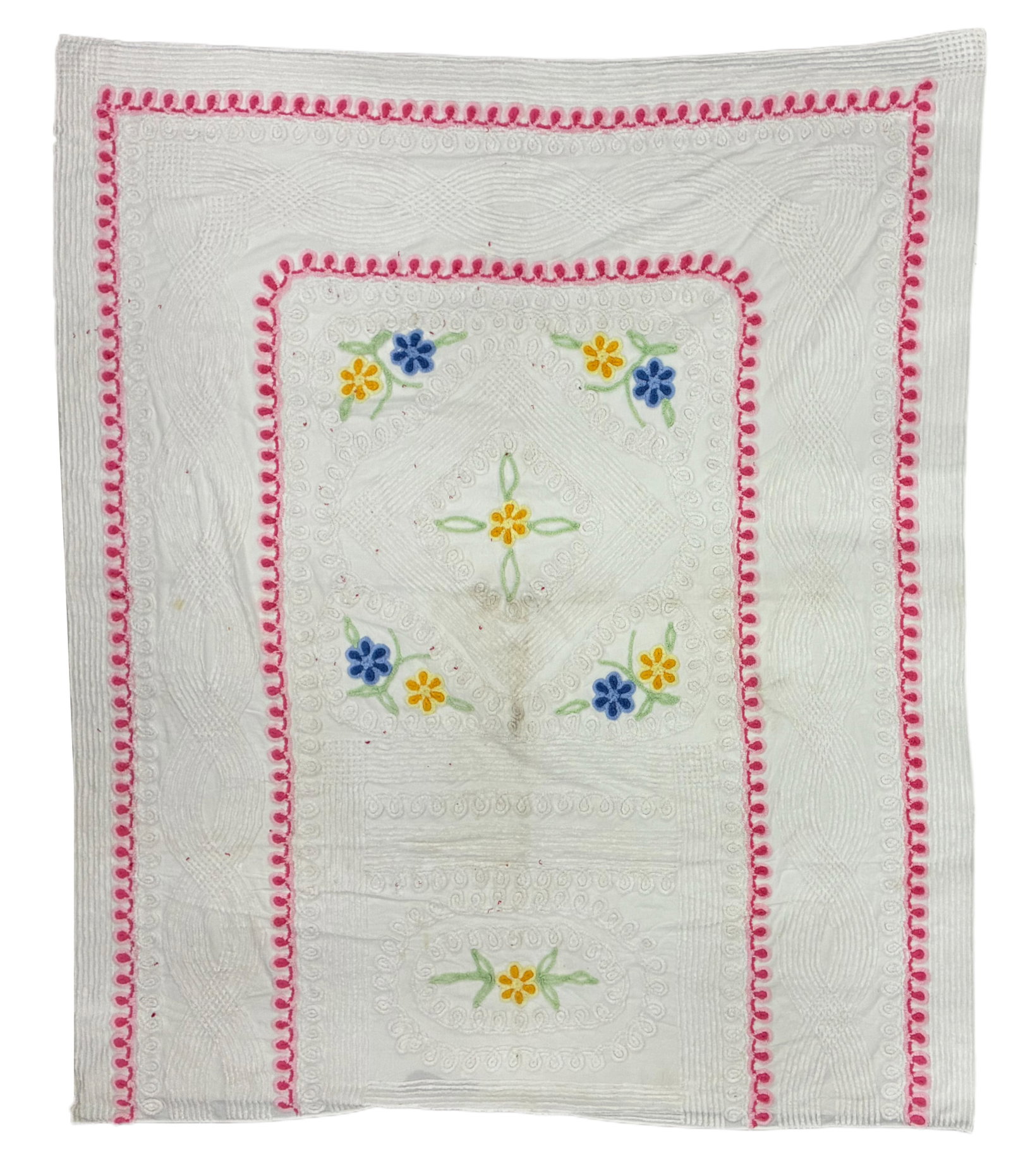 Vintage White Chenille Bedspread with Colorful Floral Decoration (1 of 2)