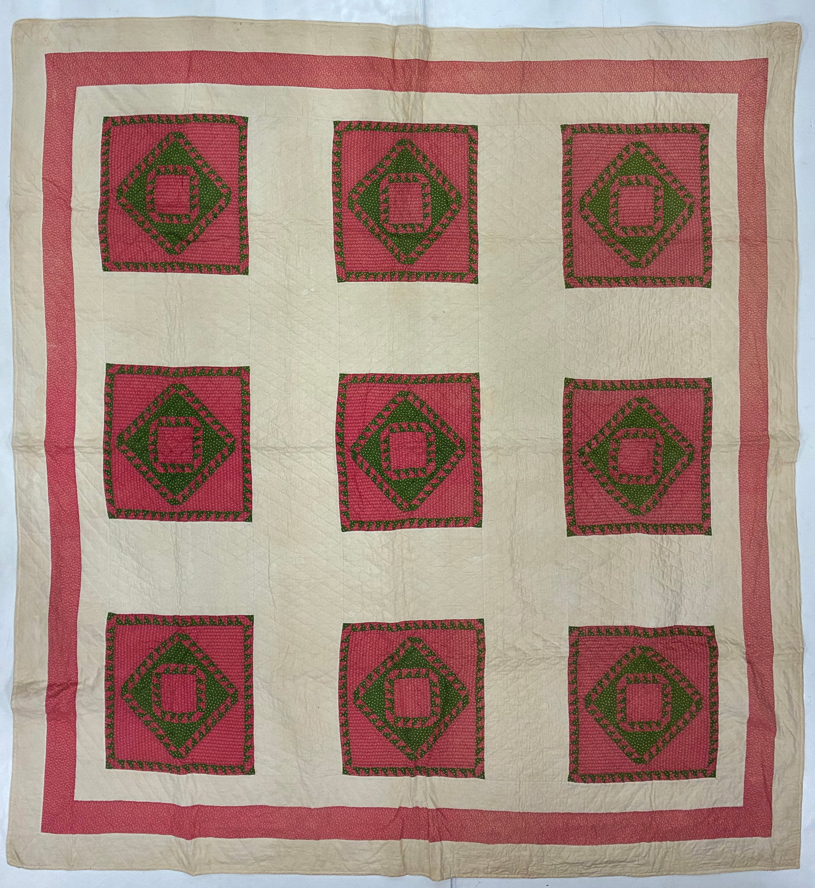 American Nine-Block Geometric Quilt in Pink, Green & Cream (1 of 2)