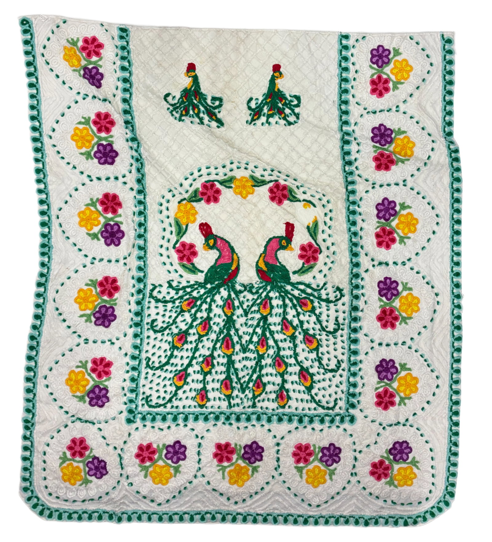 Vintage White Chenille Peacock & Floral Bedspread: 88"x97" Vintage white chenille bedspread or coverlet featuring an elaborate central pair of peacocks worked in green, pink, yellow and red. The facing birds are surrounded by scrolling floral decorati