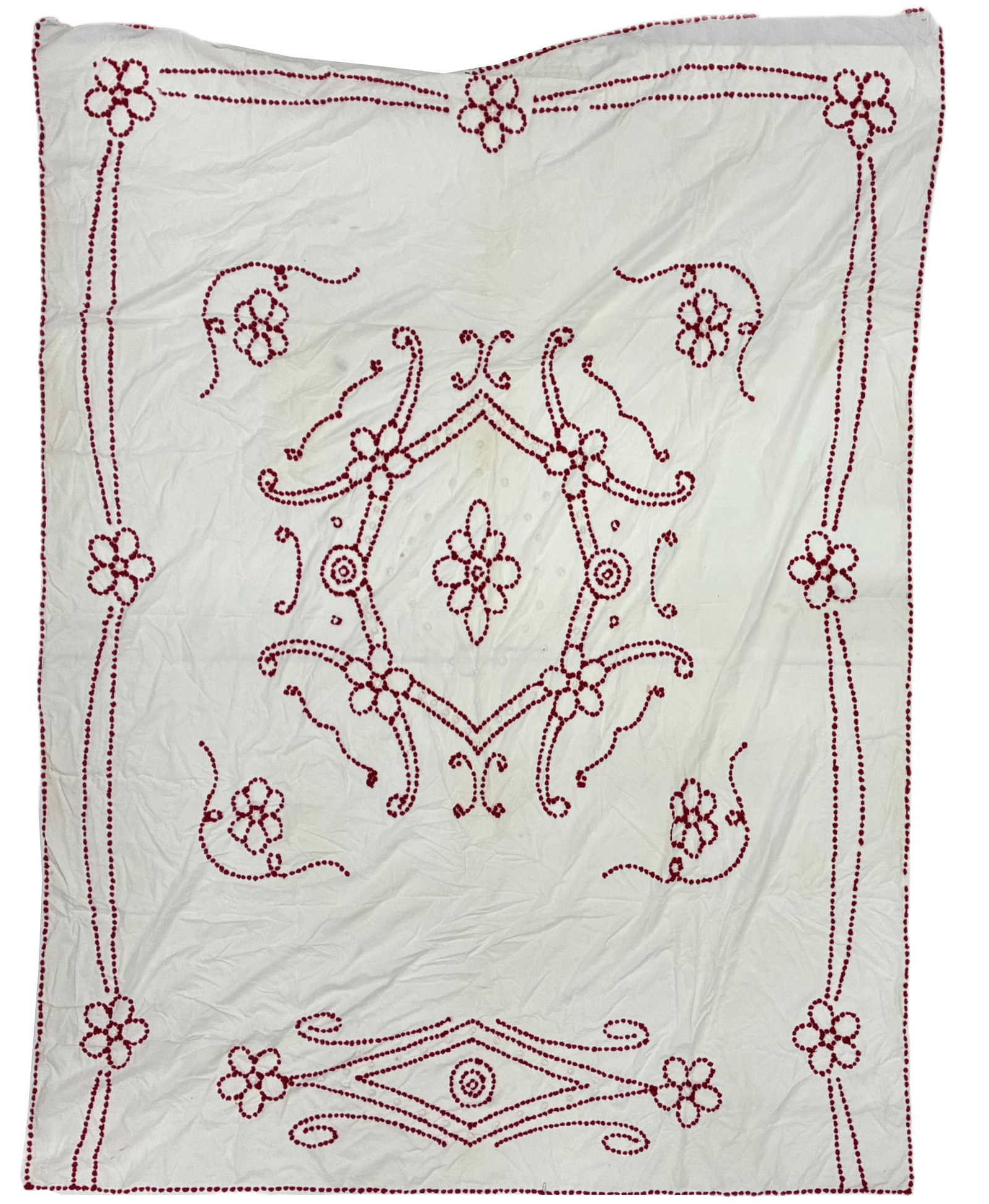 Vintage White Embroidered Coverlet with Red Floral Decoration: 95"x75" Vintage white embroidered coverlet decorated with red dotted or tufted stitching forming a symmetrical arrangement of scrolling lines, stylized flowers and geometric ornament. A large central 