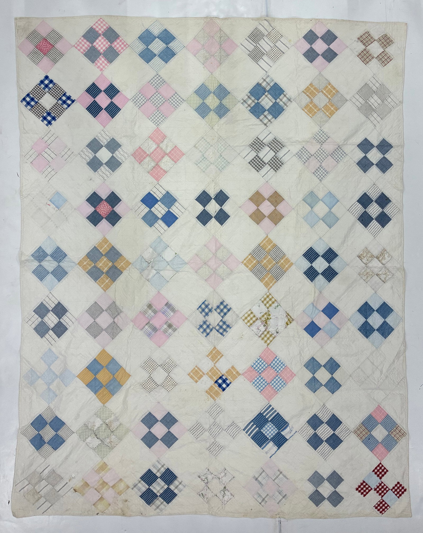 American Nine Patch Scrap Quilt in Blue, Pink & White (1 of 2)