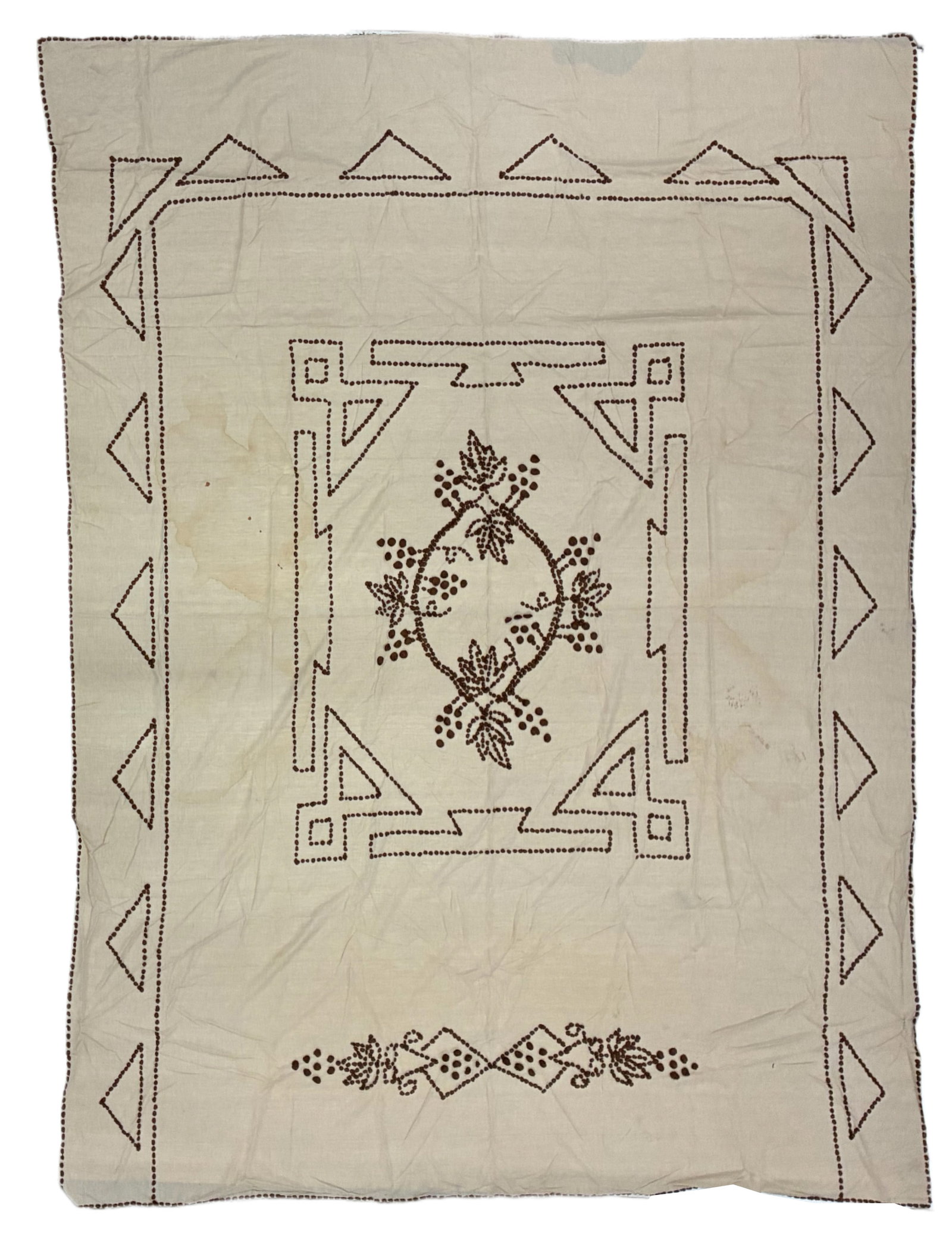 Vintage Embroidered Geometric Coverlet with Brown Decoration (1 of 2)