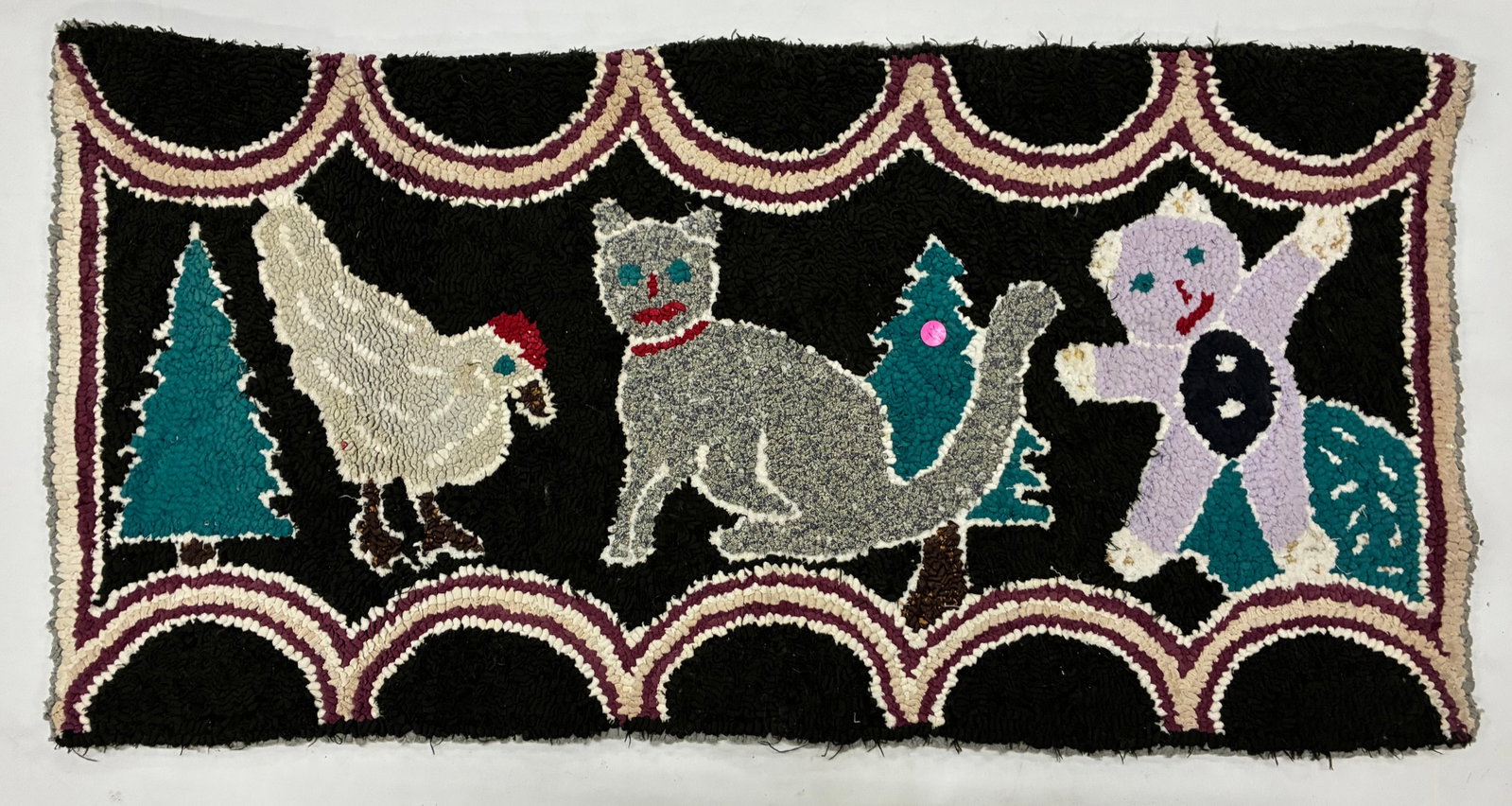 American Folk Art Figural Hooked Rug with Chicken Cat and Doll (1 of 2)