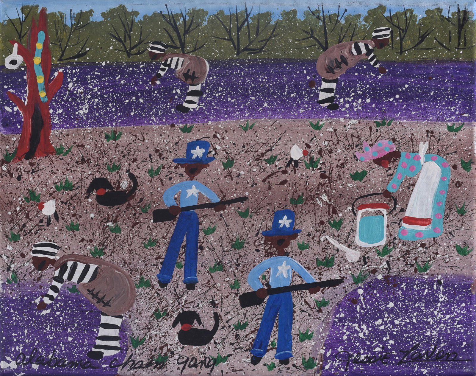Jessie Lavon Folk Art Painting: 14"x11" Original folk art painting by Alabama artist Jessie Lavon depicting a lively narrative scene of prisoners working alongside armed guards, with chickens, figures and a woman carrying a water bu