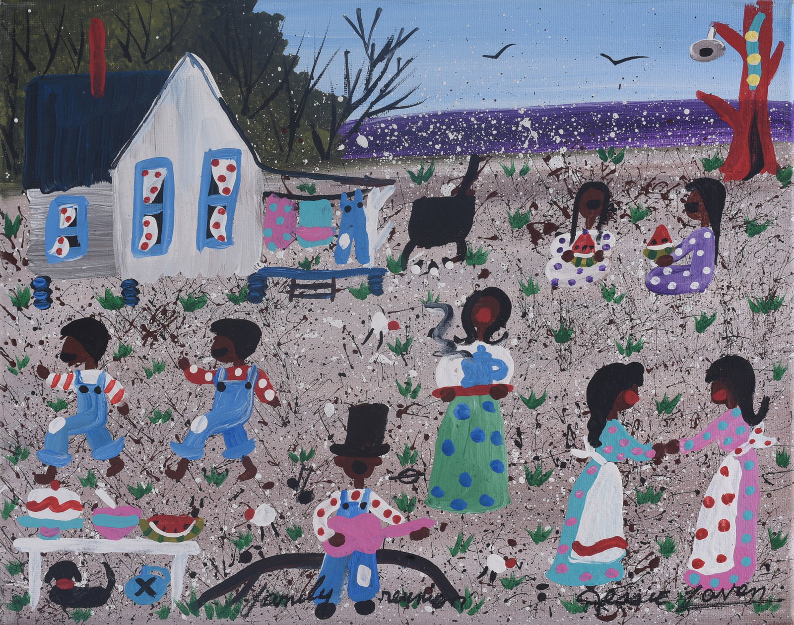 Jessie Lavon Folk Art Painting: 14"x11" Original folk art painting by Jessie Lavon depicting a bustling rural family scene outside a farmhouse. Figures work, prepare food, gather together and tend to household activities while chick