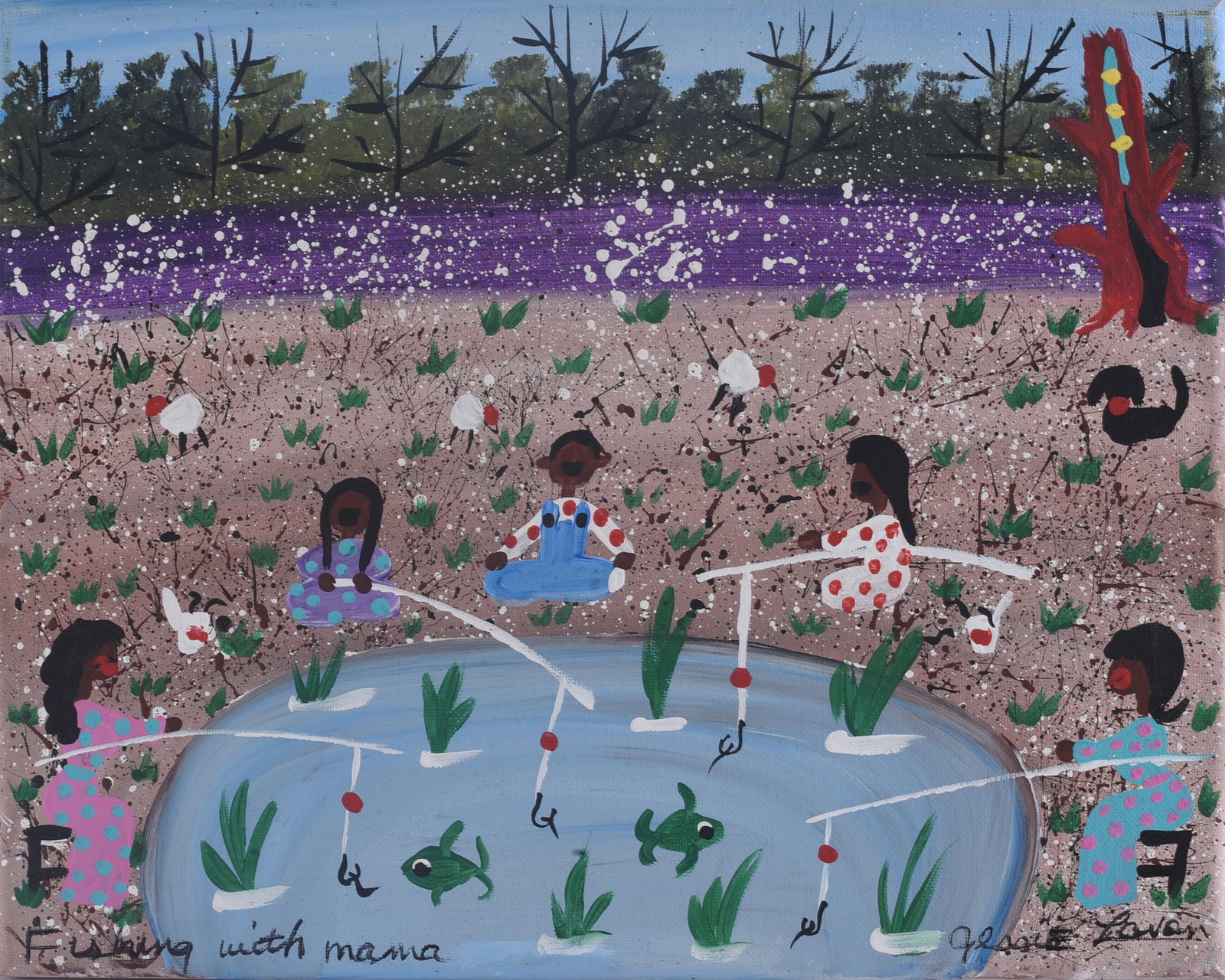 Jessie Lavon Folk Art Painting: 14"x11" Original folk art painting by Jessie Lavon titled Fishing with Mama, depicting a family fishing around a pond filled with fish, aquatic plants and dangling hooks. Chickens and birds populate t