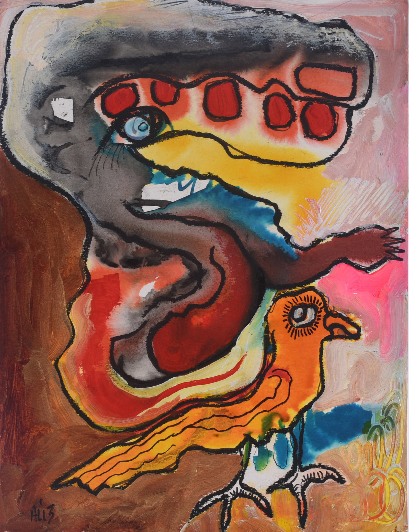 Outsider Art Painting: 10.5"x14" Vibrant outsider art painting depicting a surreal open-mouthed creature accompanied by a brightly colored bird. Executed in an energetic combination of washes, painted passages and bold blac