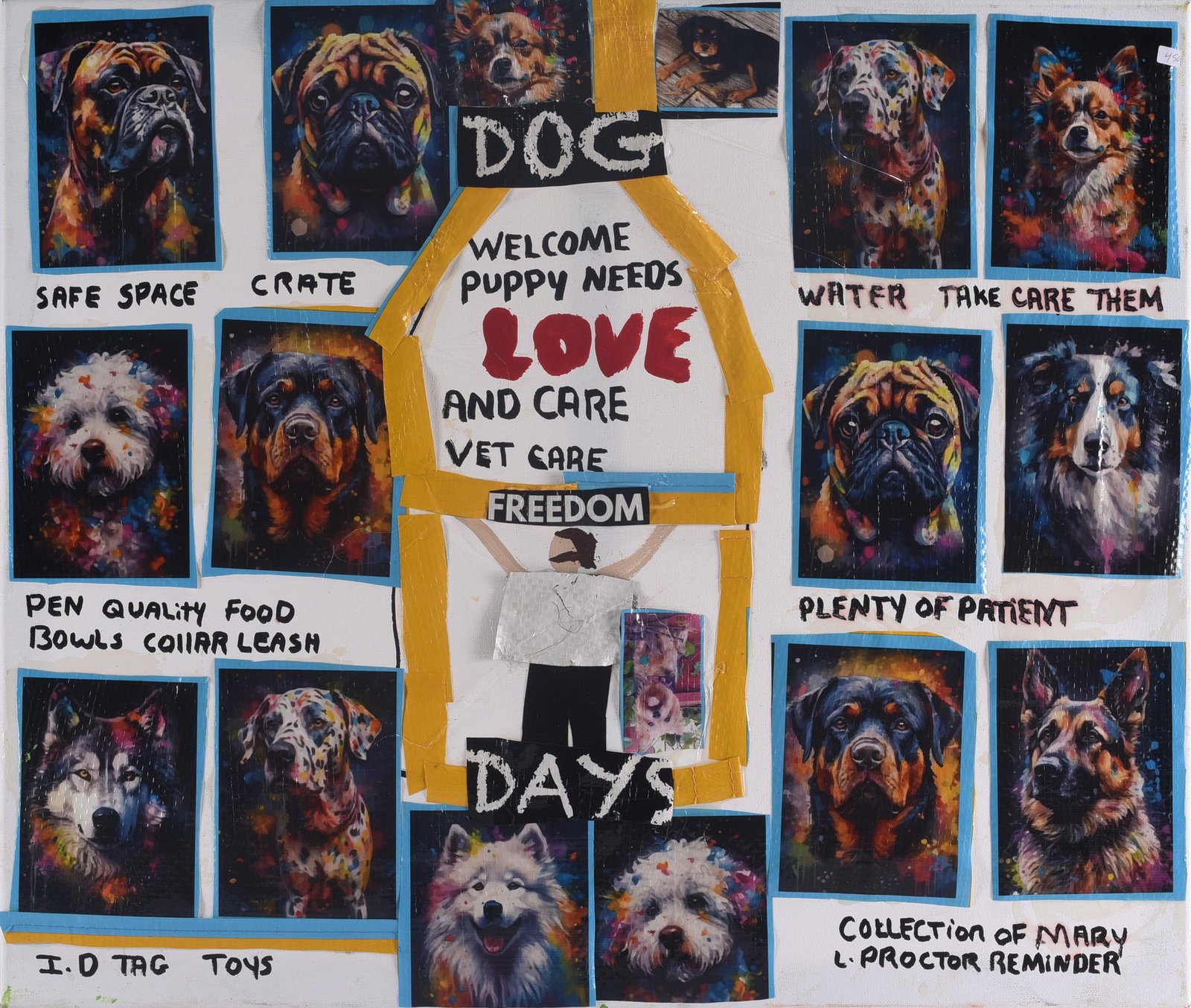 Mary Proctor Folk Art collage: 24"x20" Original mixed-media folk art collage by celebrated Florida self-taught artist "Missionary" Mary L. Proctor (b. 1960). The work centers upon the theme of caring for dogs, incorporating numerou
