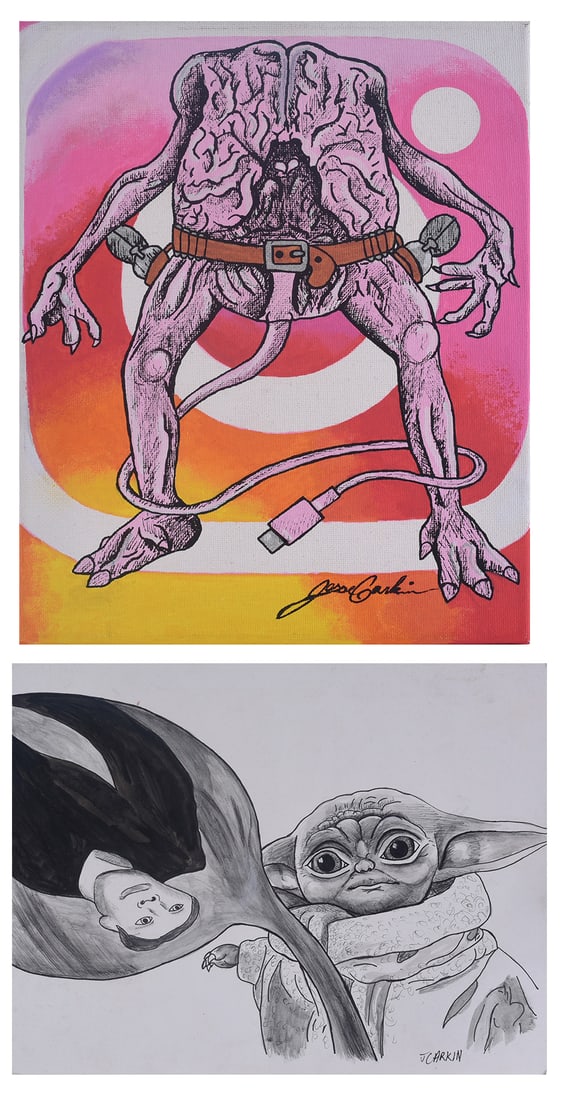 Jessie Carkin Painting/Drawing (2): Largest 11"x9" Two contemporary works by Jessie Carkin, comprising a colorful painting of a fantastical brain-headed humanoid figure set against an Instagram-inspired background and a detailed black-a