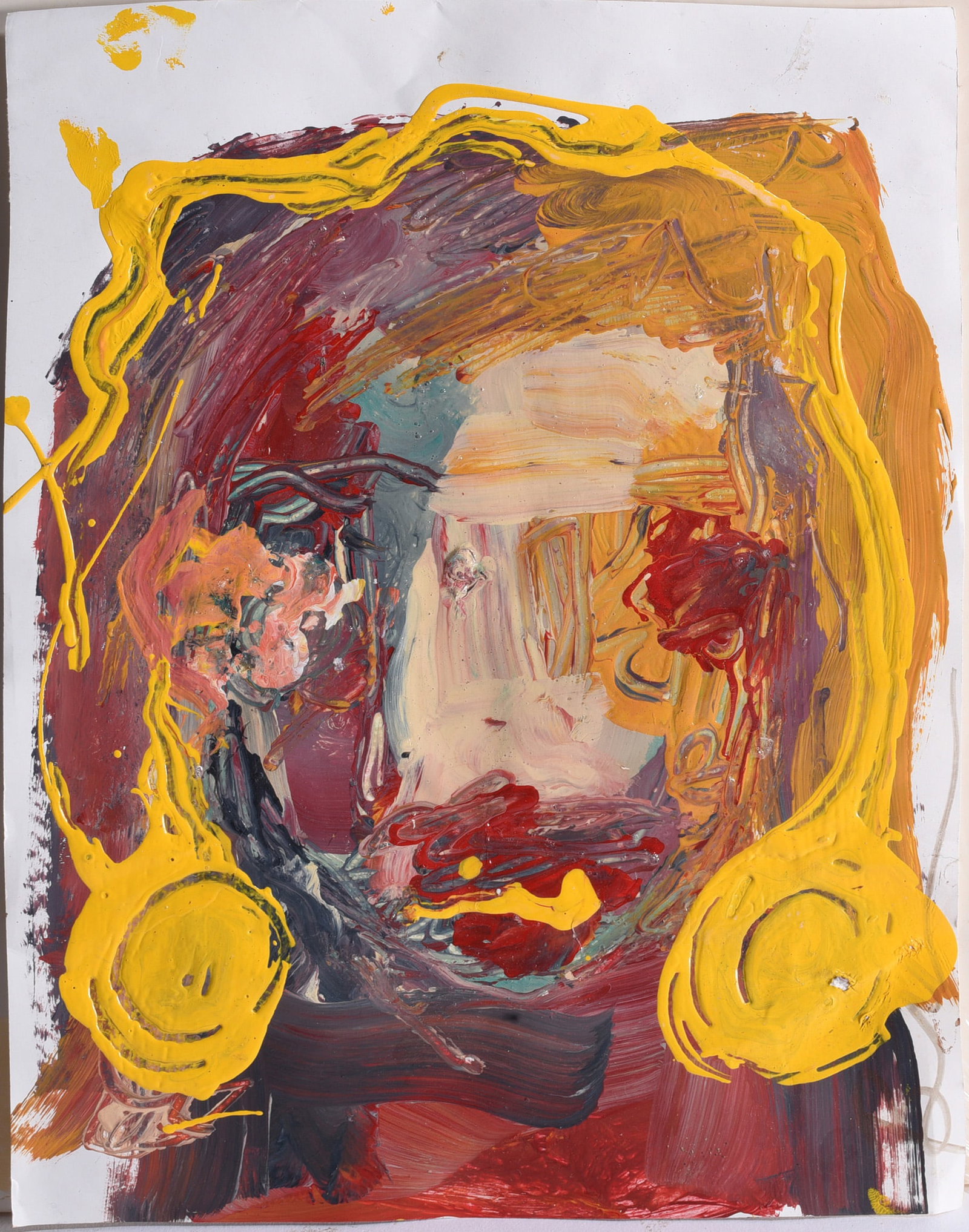 Folk Art Painting: 9"x12" Expressive outsider art painting on paper featuring a heavily worked abstracted face surrounded by thick layers of red, brown, ochre, gray and bright yellow paint. The dense impasto, vigorous b