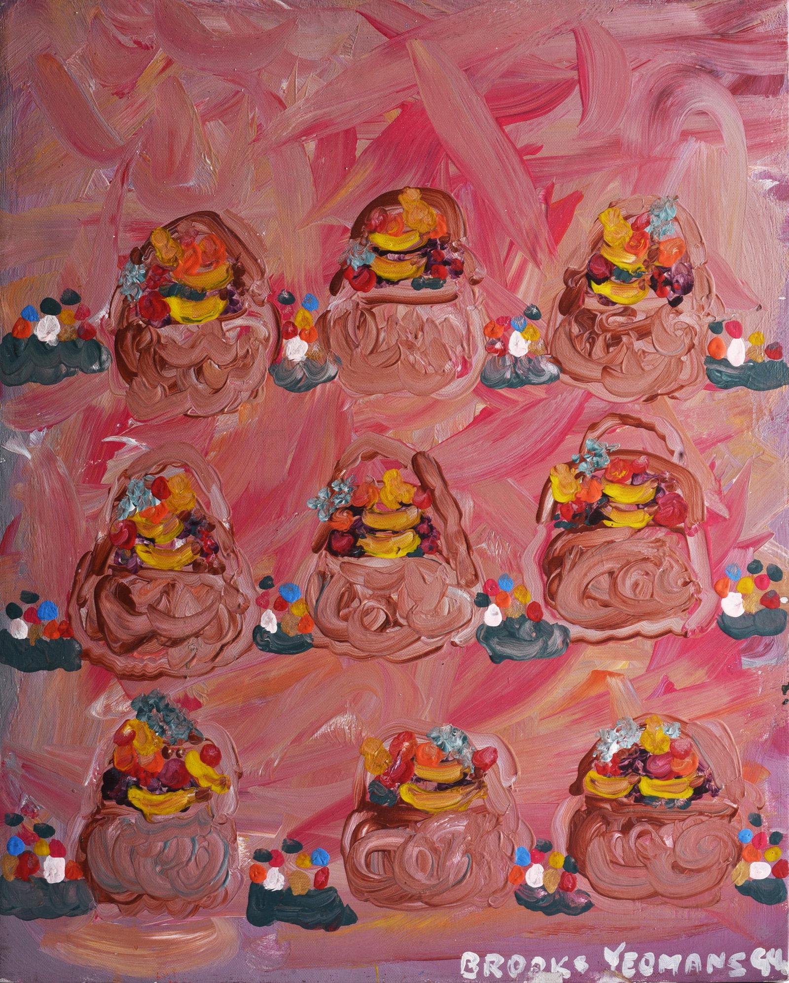 Brooks Yeomans Painting on Canvas: 14"x18" Painting on canvas by Brooks Yeomans, signed and dated 1994. The composition features repeated baskets overflowing with brightly colored fruit and flowers against an energetic pink ground. Yeo