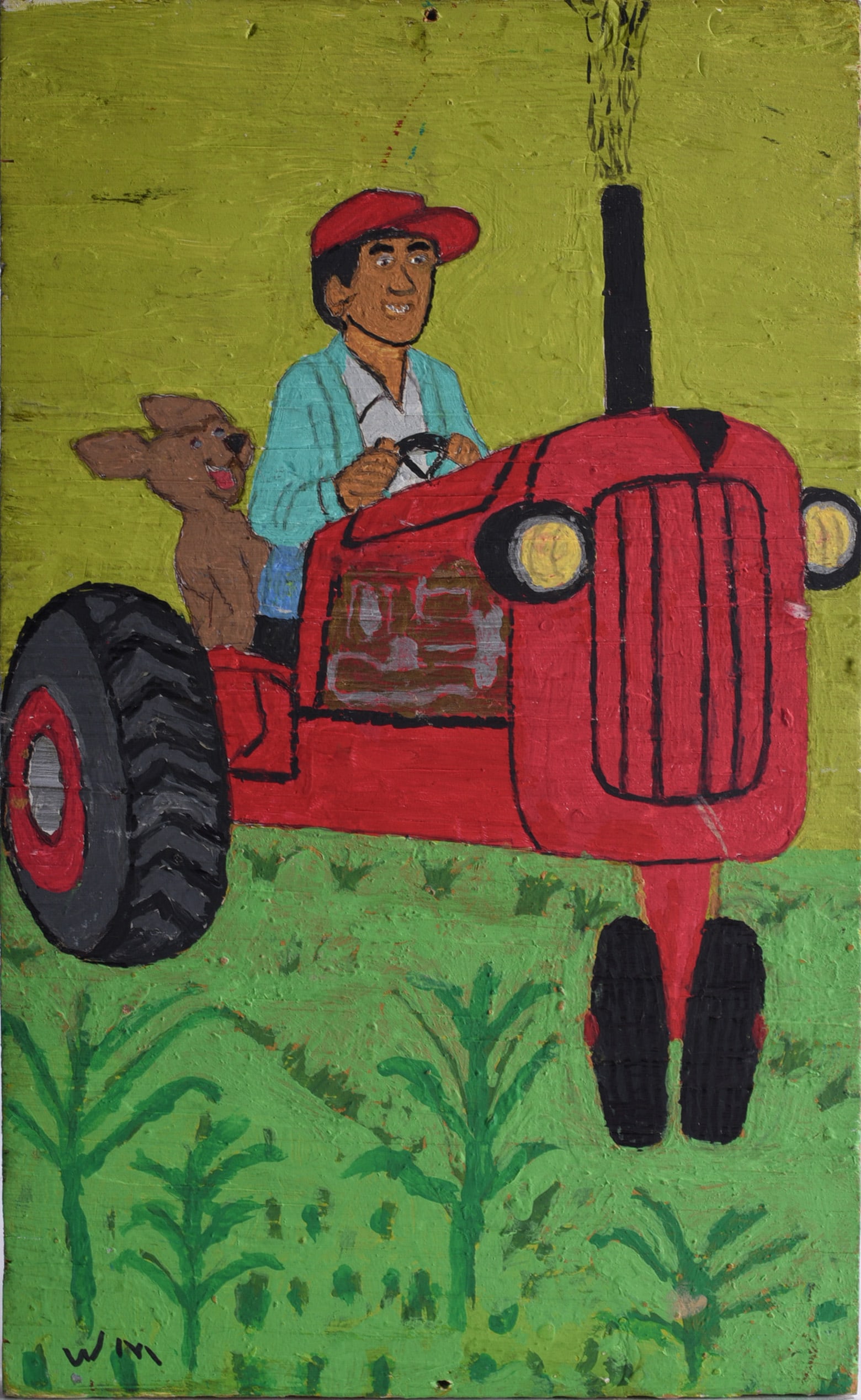 Willie McCord Folk Art Painting on Wood: 7"x12" Folk art painting on wood by Willie McCord depicting a smiling farmer driving a bright red tractor through a green field with a dog riding behind him. McCord’s self-taught paintings draw upon