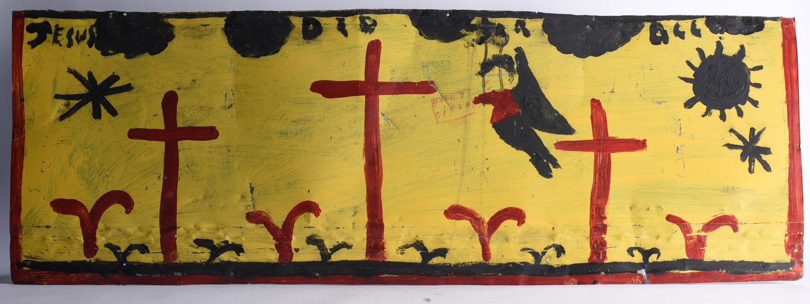 RA Miller Painting on Tin: 42"x14" Painting on wood by R.A. Miller (1912–2006), a Georgia self-taught artist best known for his whirligigs, cut-metal figures and brightly painted folk imagery. This long horizontal panel featu
