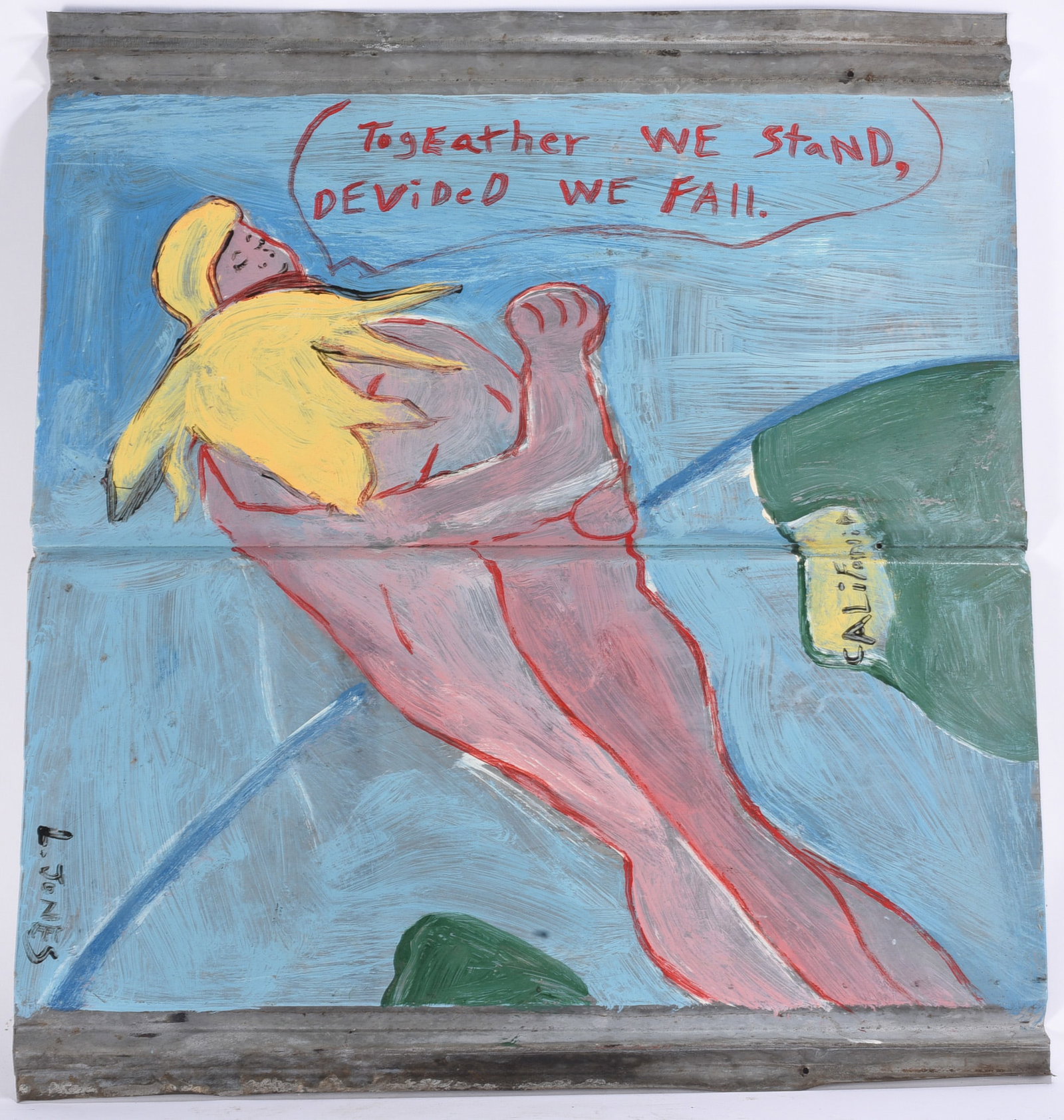Leonard Jones Outsider Art Painting on Tin: 26"x24" Outsider art painting on salvaged corrugated metal by Leonard Jones (born 1950), featuring a dramatic figure with flowing yellow hair and raised clenched fist accompanied by the hand-lettered 