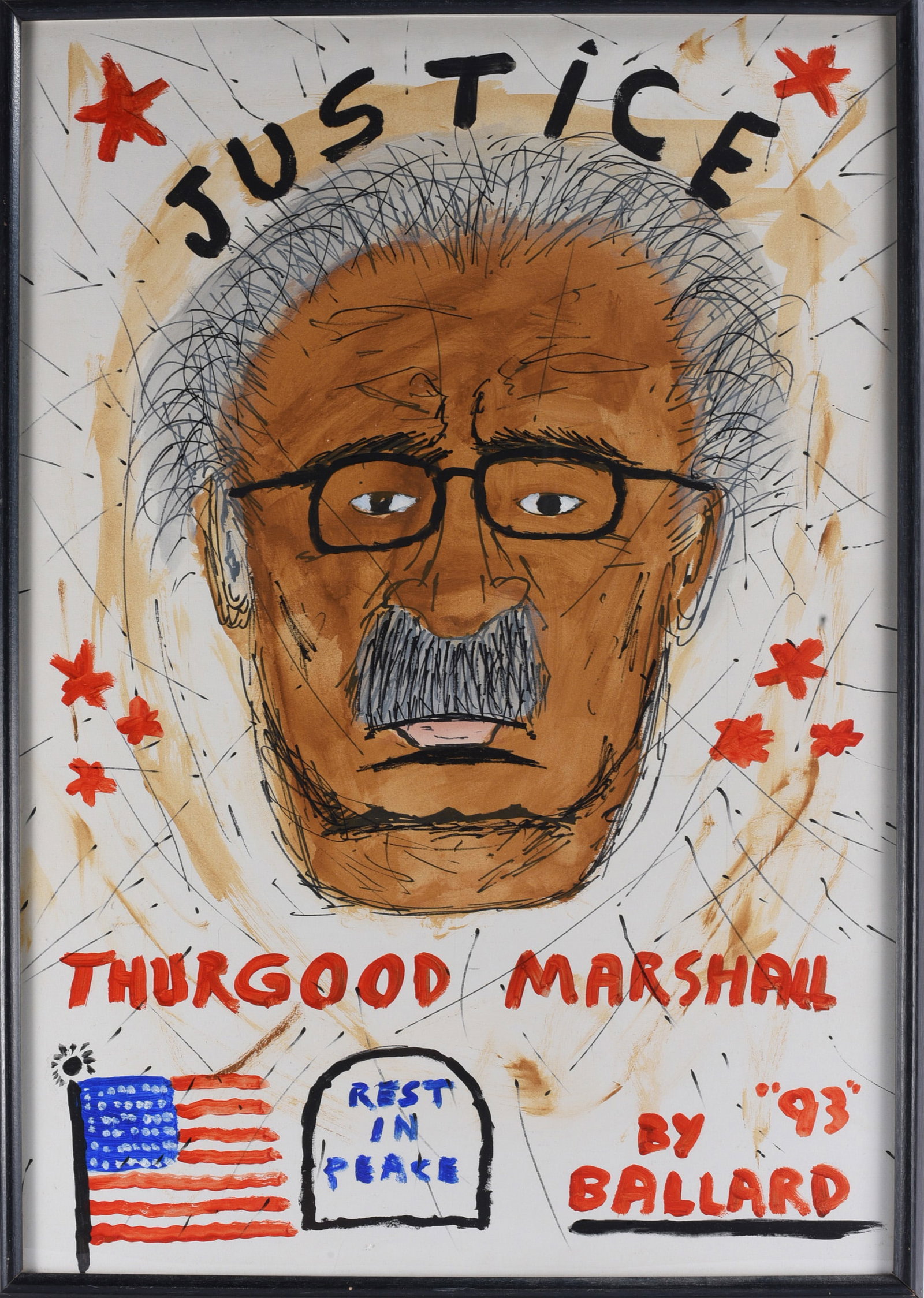 Larry Ballard Folk Art Painting: 21"x31" Folk art portrait by Larry Ballard, dated 1993, honoring U.S. Supreme Court Justice Thurgood Marshall (1908–1993), the first African American justice to serve on the Supreme Court. The large