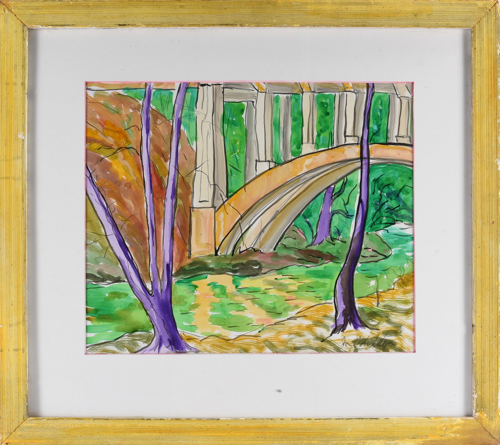 Jon Widdon Folk Art Painting: 26"x23" Jon Widdon is a Southern folk artist whose work often combines expressive line, vivid color, and familiar landscapes or architectural subjects. This framed work depicts a large arched bridge c