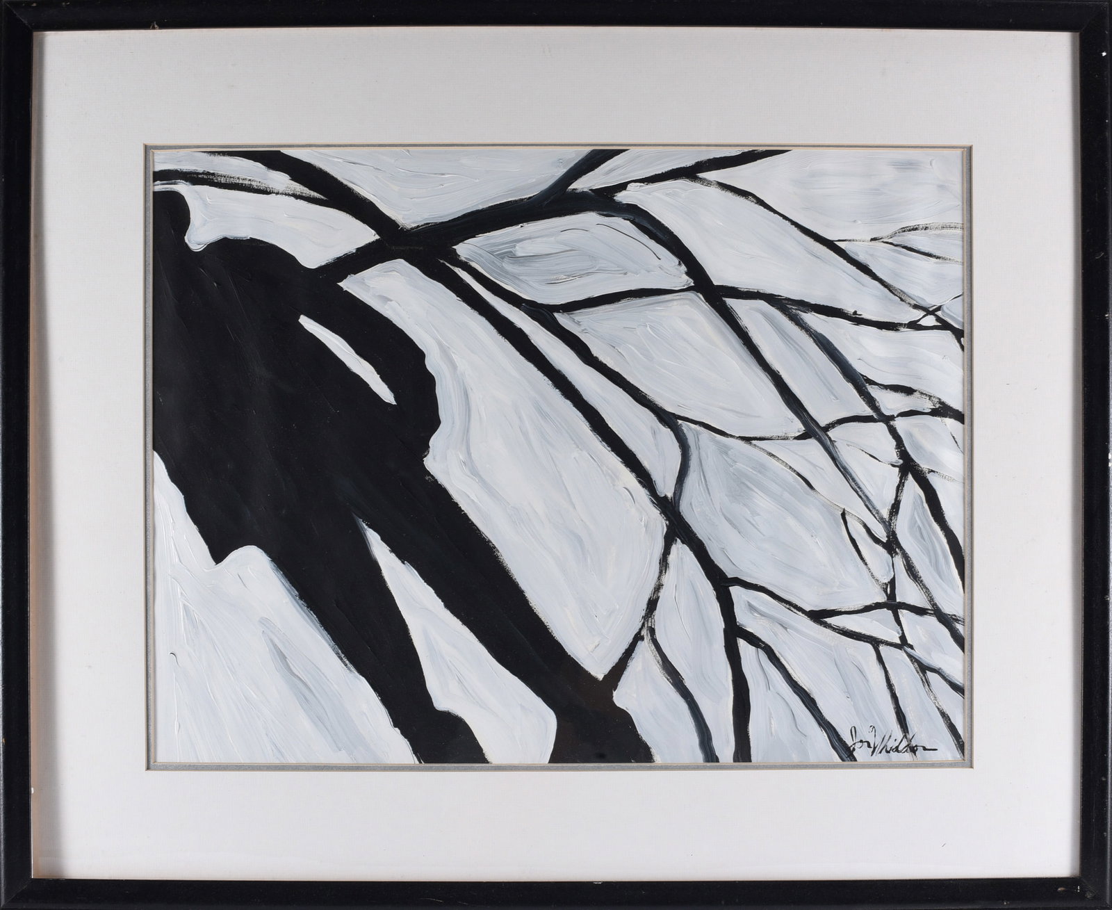 Jon Widdon Folk Art Painting: 32"x26" Jon Widdon is a contemporary folk artist known for boldly simplified compositions and expressive interpretations of natural subjects. This signed work presents a dramatic close-up view of dark