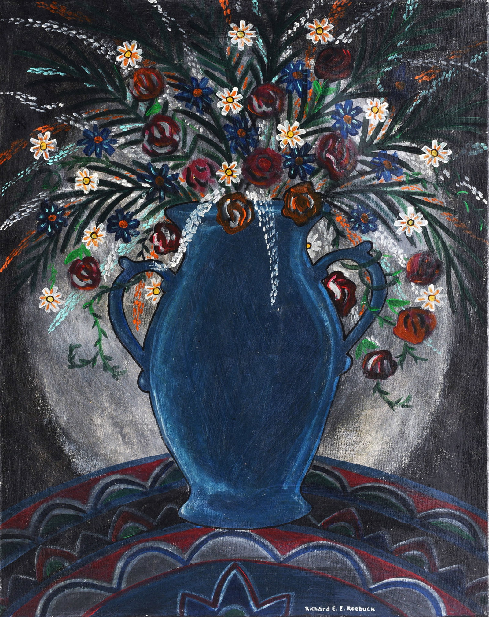 Richard Roebuck Folk Art Painting: 24"x30" Richard E. Roebuck (b. 1960)was a self-taught Southern folk artist associated with the North Carolina folk-art community and known for brightly colored paintings and imaginative depictions of 