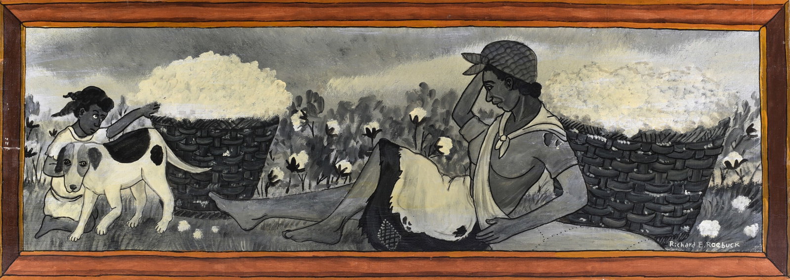 Richard Roebuck Folk Art Painting: 42"x13" Richard Roebuck is a Southern self-taught folk artist known for narrative paintings drawn from rural life, memory, religion, and African American experience. This elongated painting depicts tw