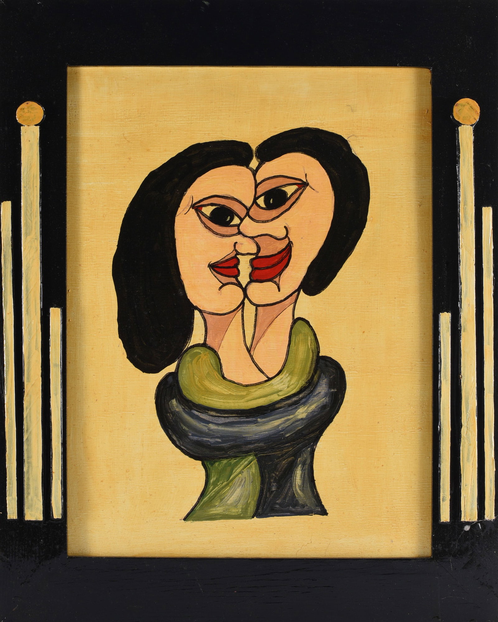 Dr. Richard Seed Folk Painting Collage: 17"x22" Dr. Richard Seed mixed-media folk art collage depicting a stylized double-faced female figure against a warm yellow ground, surrounded by a strong black border and vertical architectural eleme