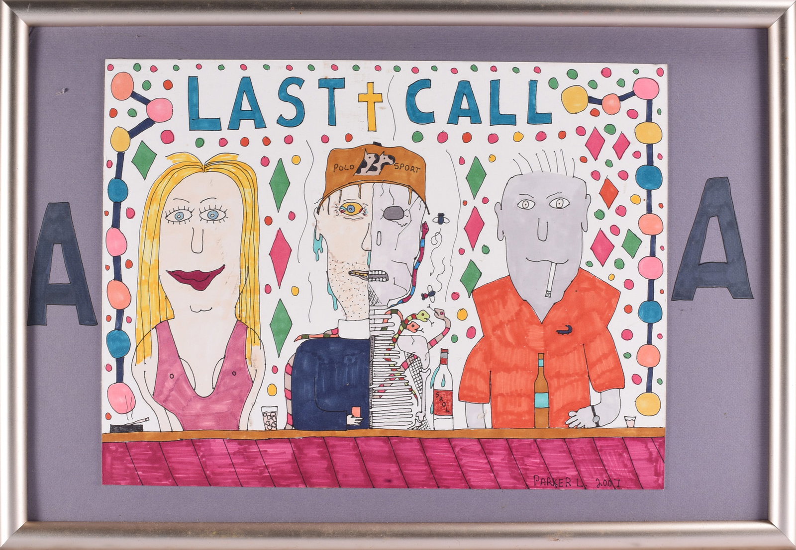 Parker L. Folk Drawing on Paper: 23"x16" Parker L. folk art drawing on paper titled “Last Call,” dated 2007, depicting three figures seated at a bar beneath the large inscription “LAST CALL.” The colorful composition