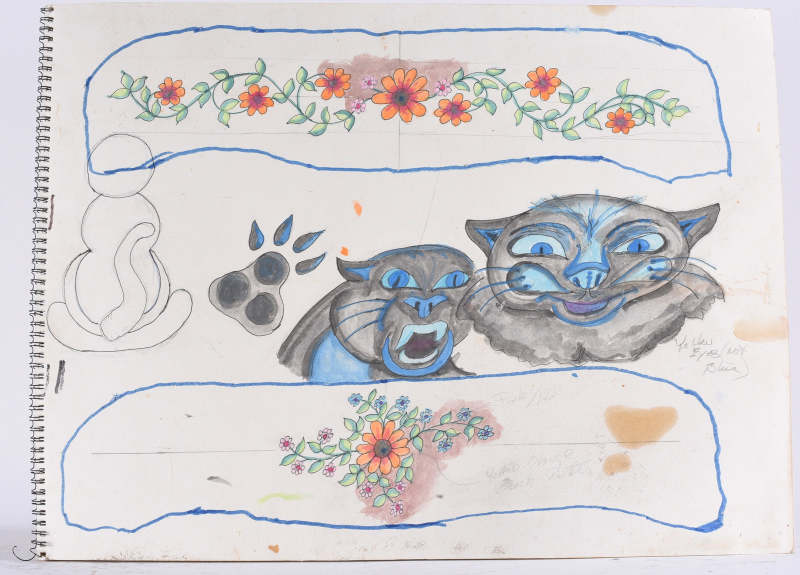 Phylis Long Folk Art: 25"x18" Original folk art drawing by Phylis Long executed on a large spiral-bound sheet. The composition features two expressive blue-gray cats surrounded by colorful floral borders, paw imagery and