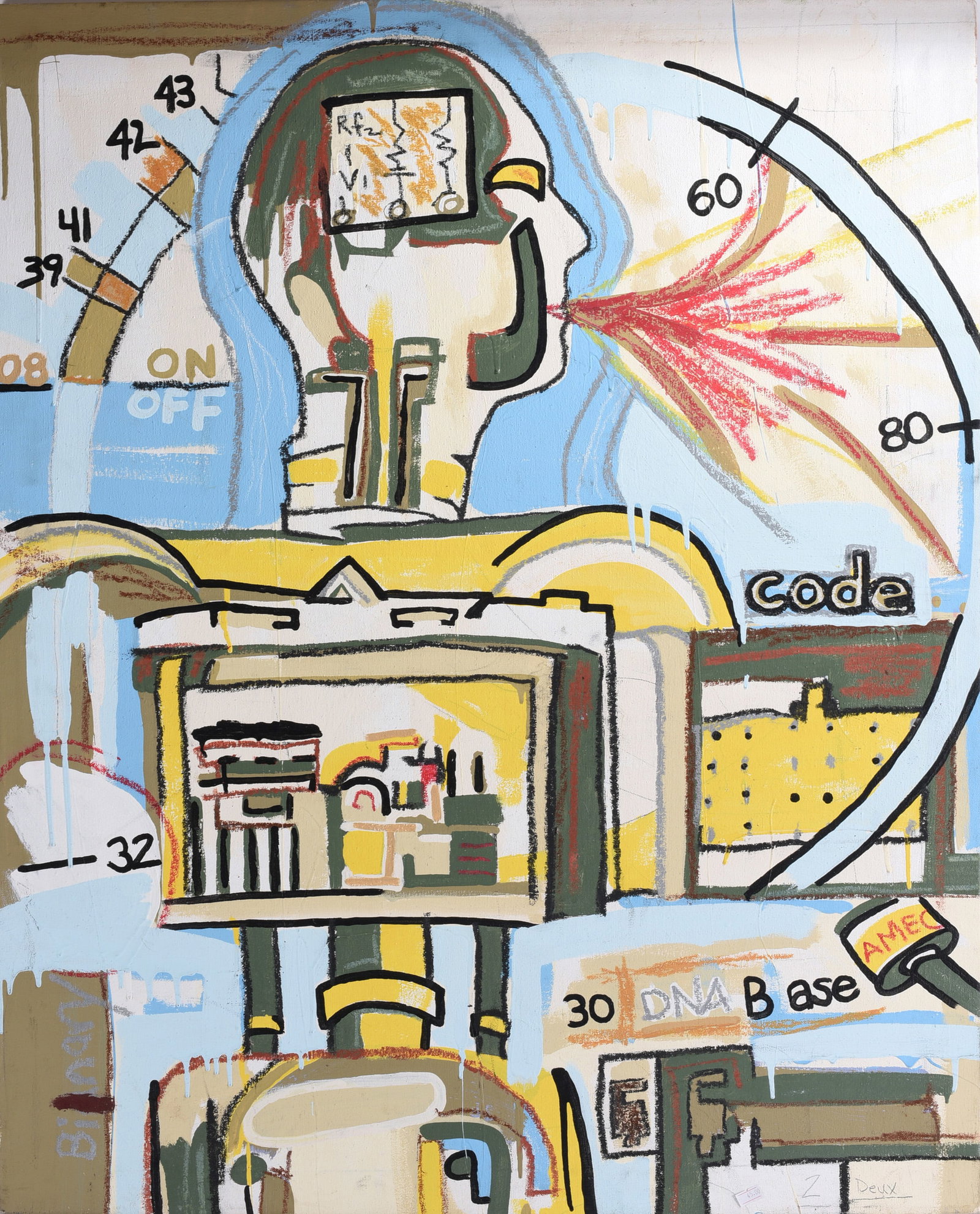 Crash Test Dummy Mid Century Art on Canvas: 32"x42" Mid-century modern painting on canvas depicting a stylized crash-test dummy or mechanical human figure surrounded by numbers, diagrams, circuitry-like imagery and technical references.