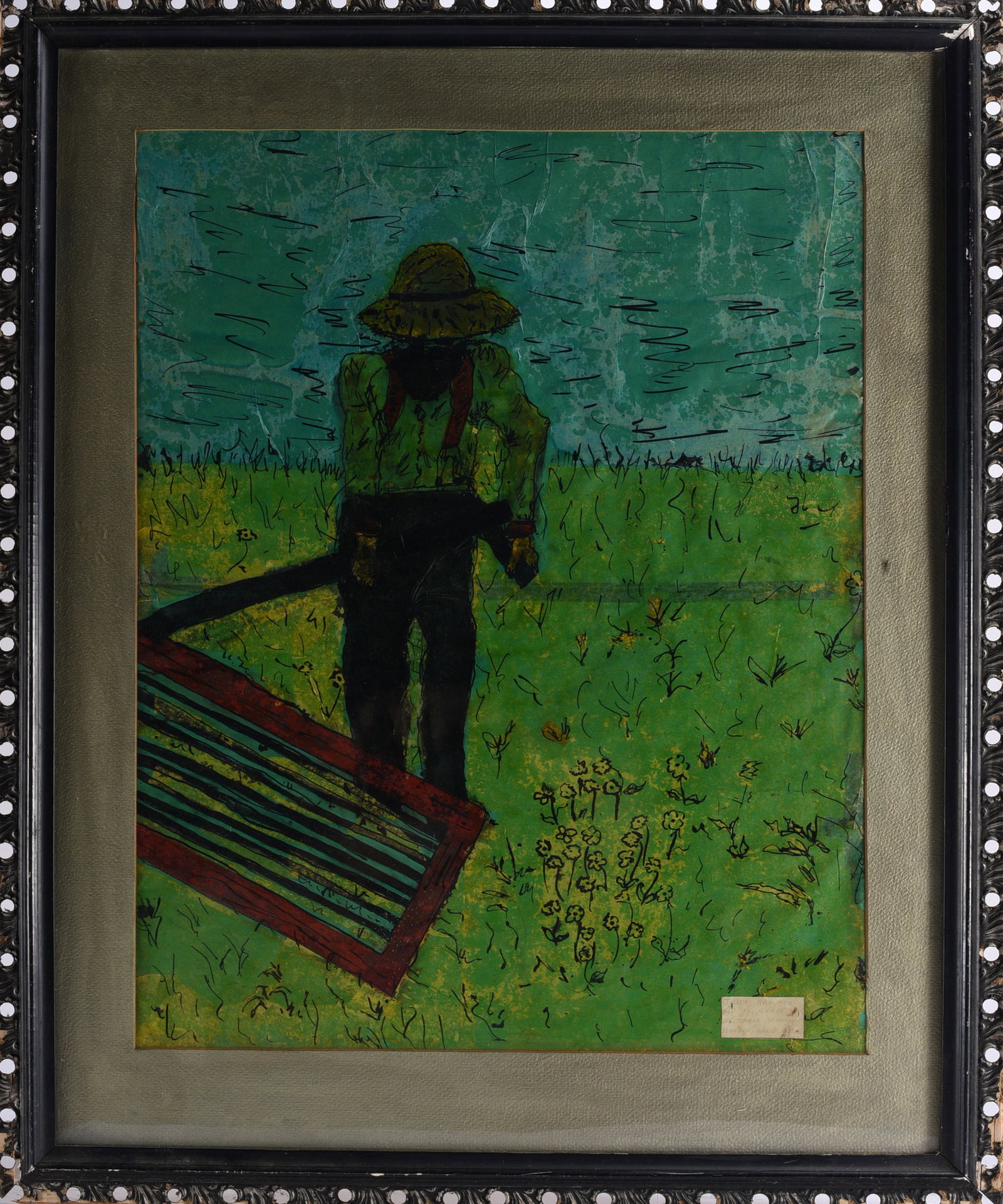 Judy Hammer Folk Art Painting: 24"x32" Original folk art painting by Judy Hammer depicting a solitary figure in a broad-brimmed hat carrying or pulling a large striped object through a green field. Executed with strong areas of