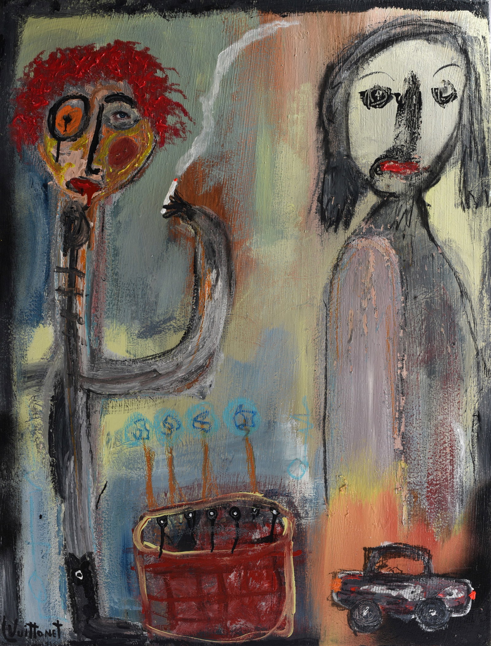 Louise Vuittonet: 40"x30" Original painting by Louise Vuittonet featuring two elongated figures, a smoking figure at left and a pale female figure at right, accompanied by a red container, small flowers and a pickup