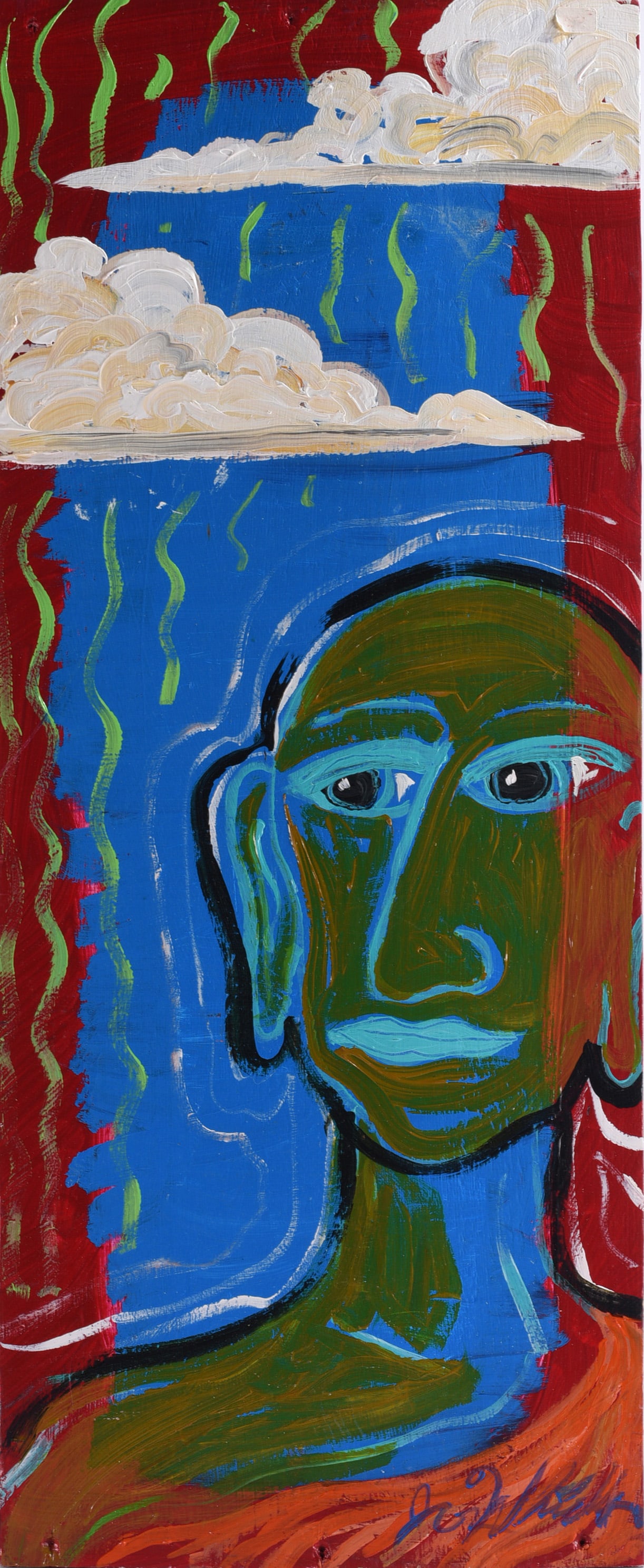 Jon Widdon Folk Art Painting: 12"x31" Original folk art painting by Jon Widdon featuring a large stylized male head against a vivid blue and red ground with white cloudlike forms and vertical green marks. Heavy outlines and broad
