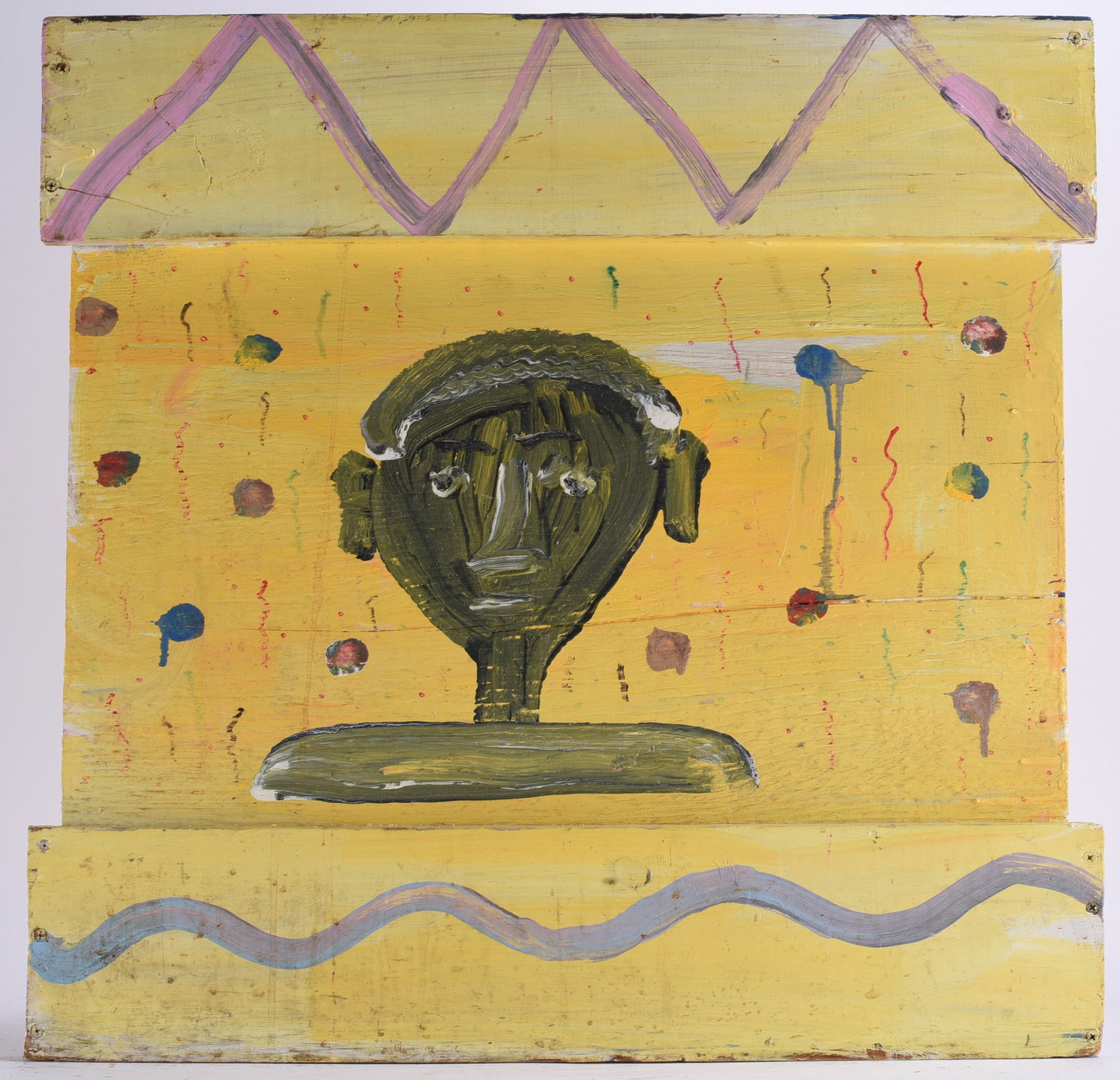 Robyn "The Beaver" Beaverland Painting on Wood: 26"x24" Original folk art painting on assembled wood panels by Robyn “The Beaver” Beaverland. The composition centers on a simplified dark portrait against a yellow ground surrounded by