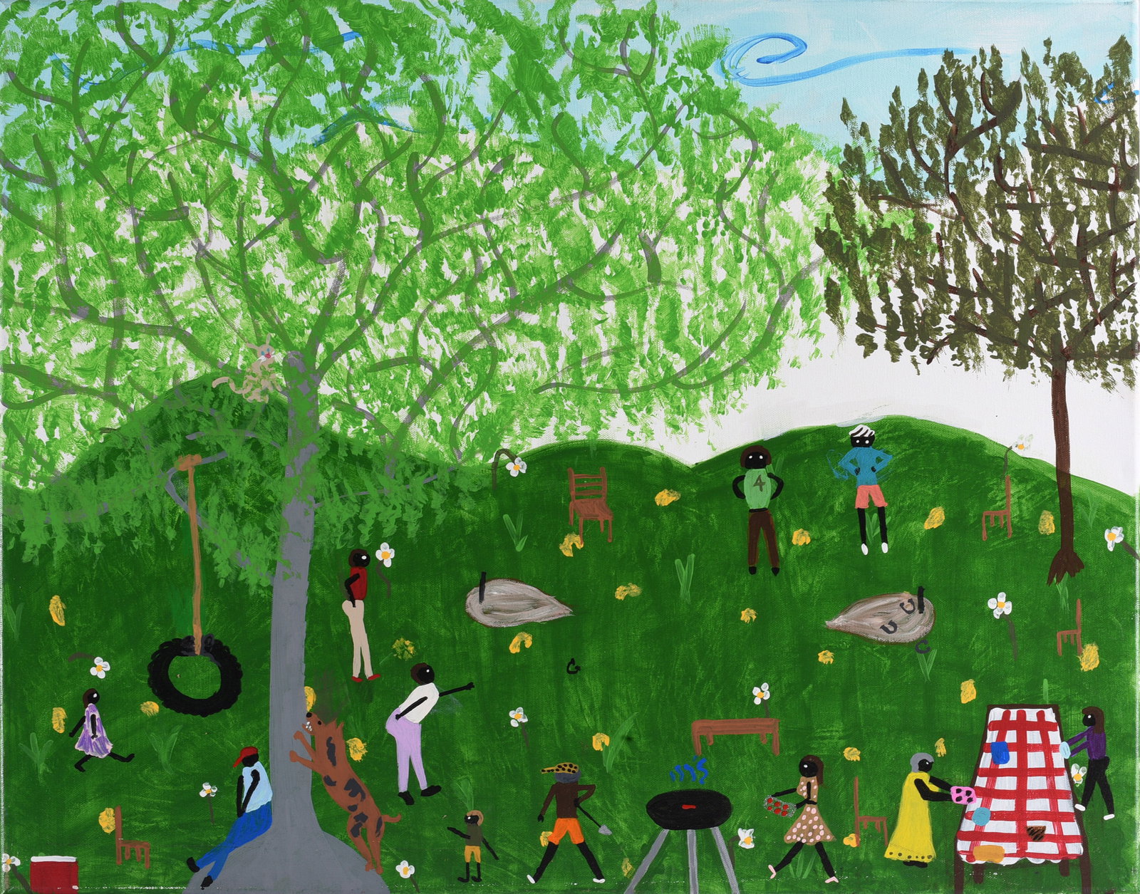 Kay Simmons African American Folk Art Painting: 31"x24" Original African American folk art painting by Kay Simmons depicting a lively outdoor family gathering beneath large trees. Numerous figures populate the green landscape alongside a tire