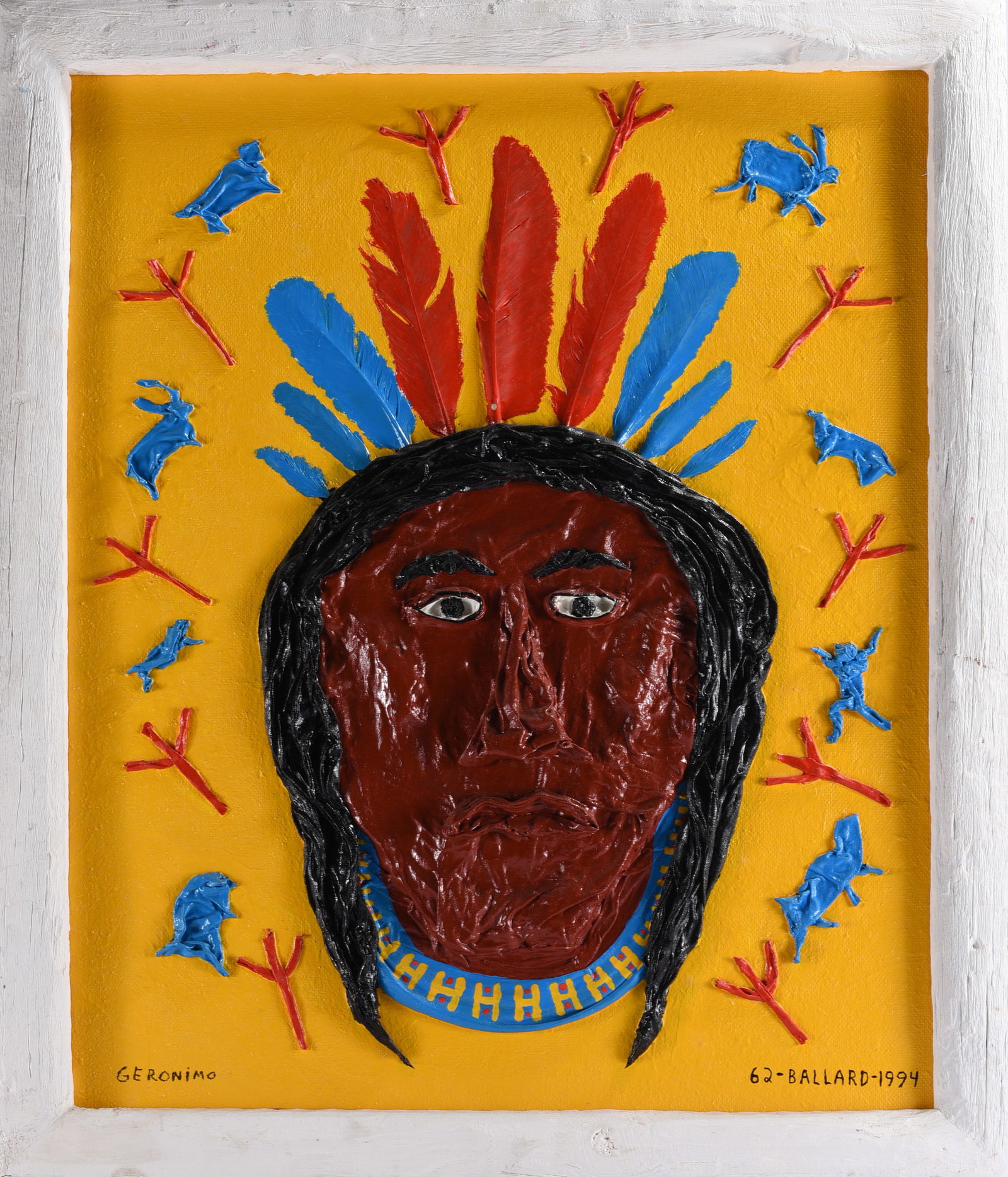 Larry Ballard Painting of Native American: 27"x33" Larry Ballard (born 1937) is a Chicago-area folk artist and carver known for colorful portrayals of historical figures, national heroes and animals, often incorporating dimensional materials