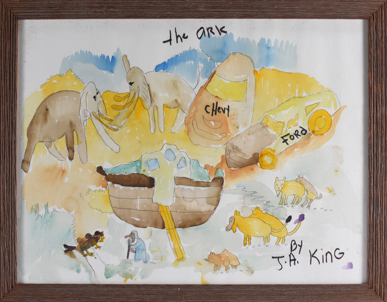 Rev. JA King Folk Art Painting Noahs Arc: 26"x21" Original folk art watercolor on paper by Reverend J.A. King depicting Noah’s Ark with pairs of elephants, horses, pigs and other animals surrounding a large central boat. Humorously