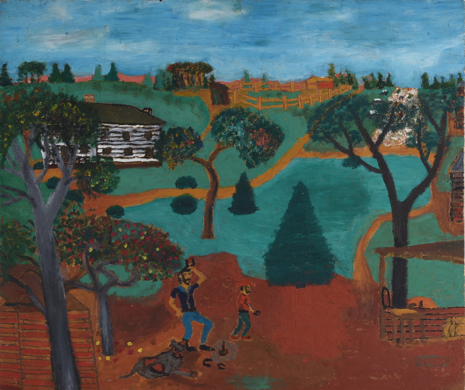 Frankie Lane Folk Art Painting: 26"x22" Original folk art painting by Frankie Lane depicting a broad rural landscape with cabins, trees, fences, winding roads and figures accompanied by animals. The elevated viewpoint allows