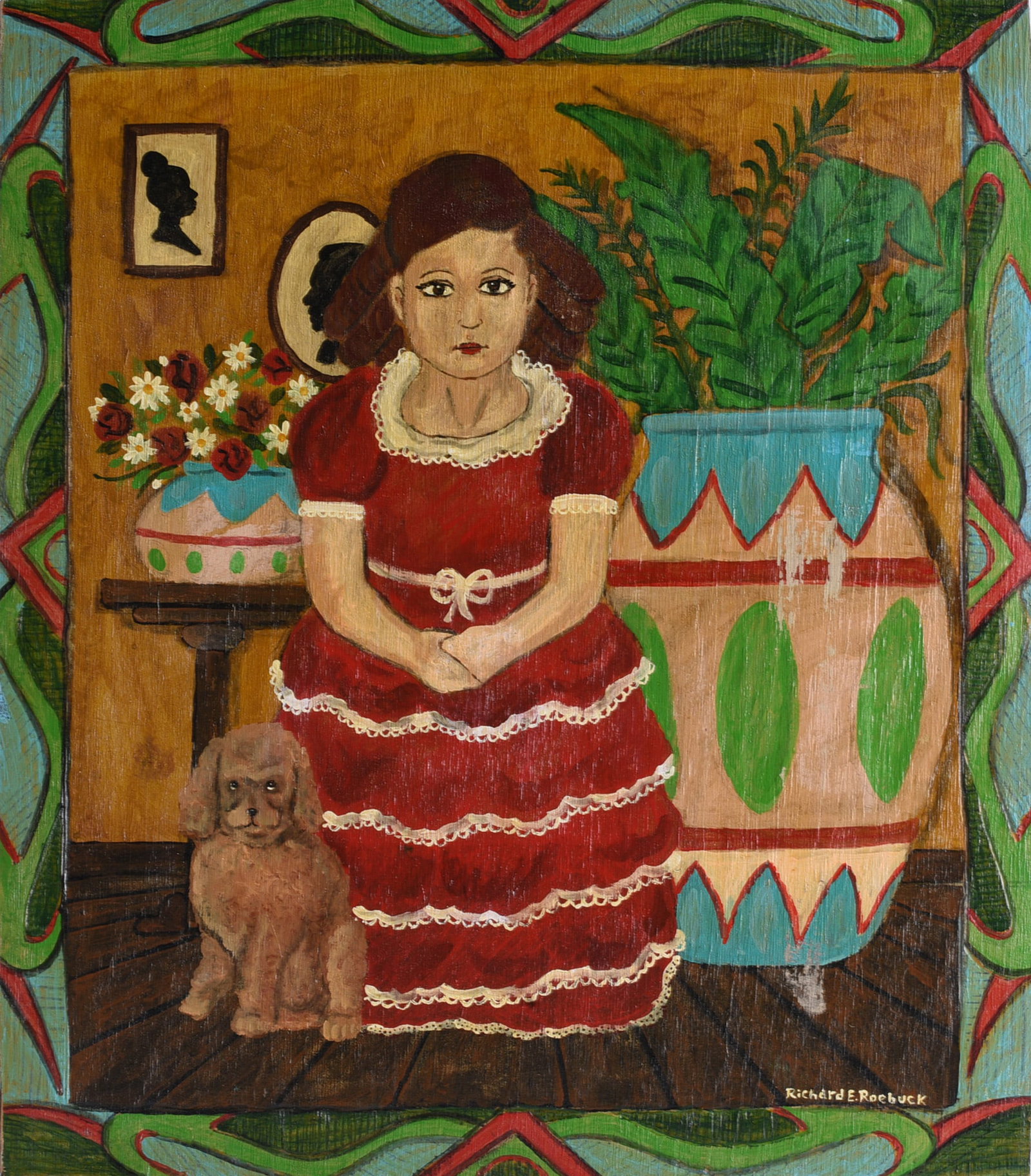 Richard Roebuck Folk Art Painting: 21"x24" Richard Roebuck (born 1960) is a Southern folk artist whose paintings frequently draw upon memories and imaginative interpretations of African American life in the rural South. This detailed p