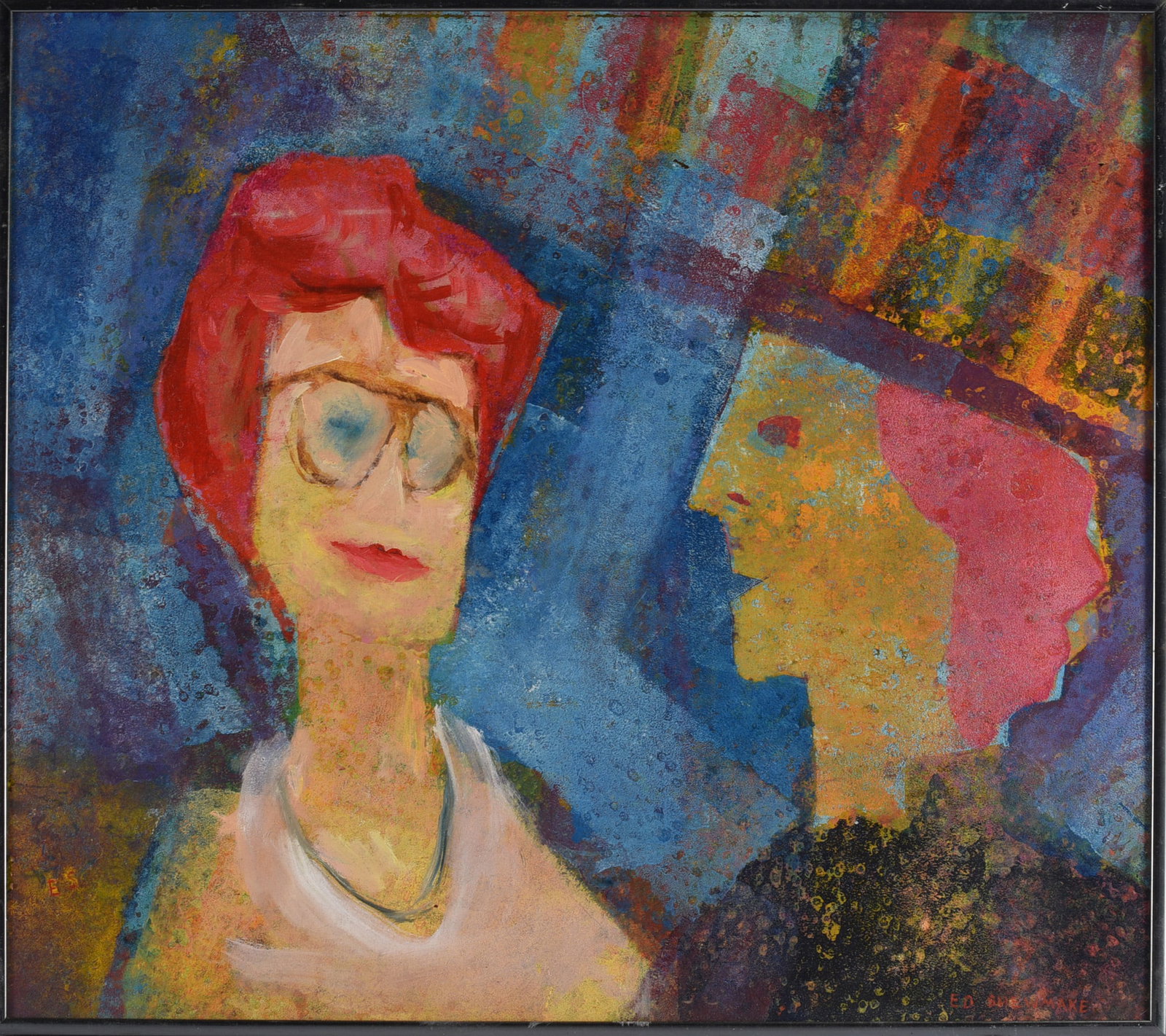 Ed Shewmake Mid Century Painting on Canvas: 18"x16" Original mid-century painting on canvas by North Carolina artist and educator Ed Shewmake (1920–2008). The composition depicts two stylized figures against a richly colored abstract backgrou