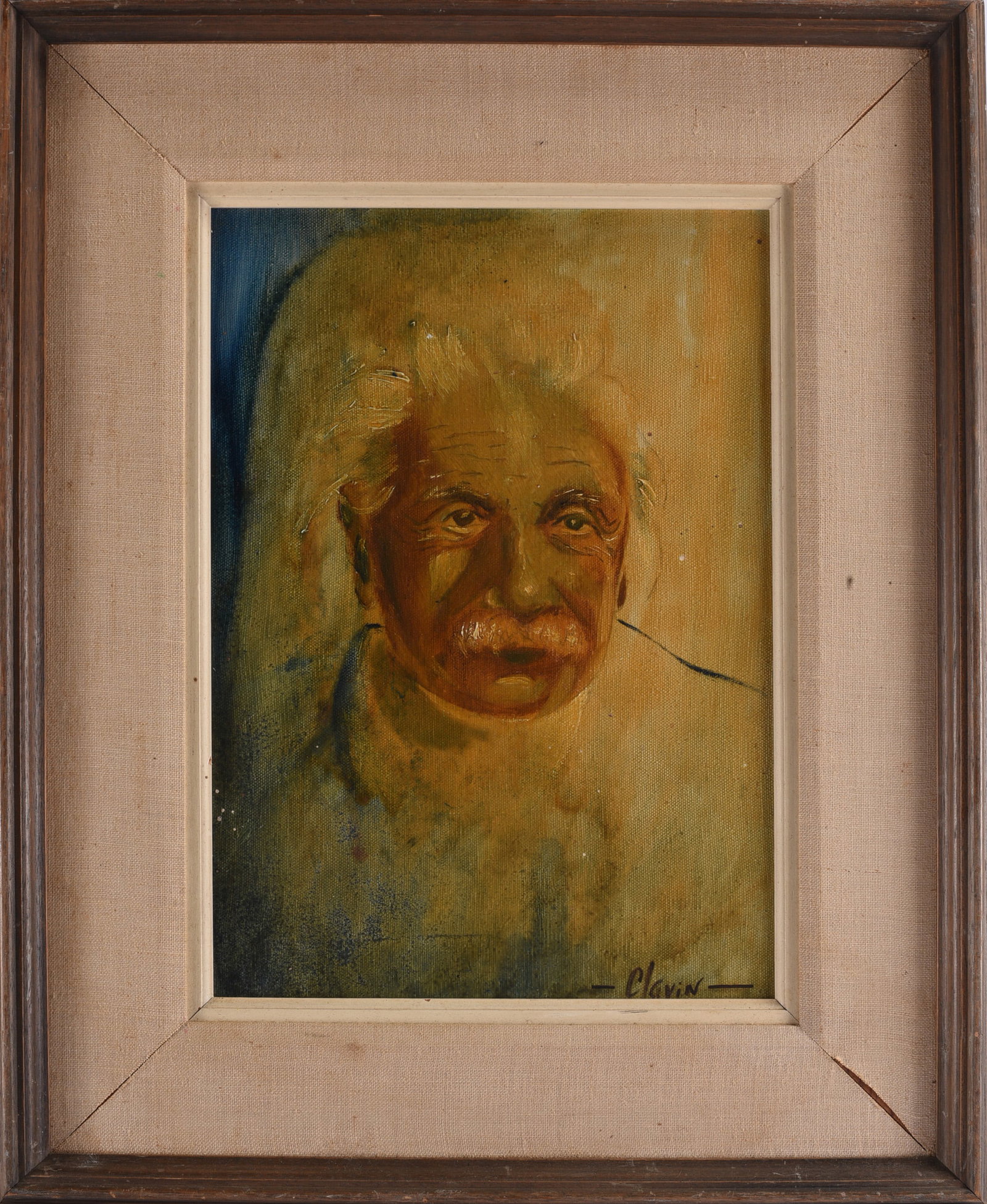 Important Painting of Albert Einstein: 17"x21" Original portrait painting of Albert Einstein, depicting the renowned physicist with his distinctive white hair and mustache against a warm tonal background. Signed “Clavin” or similar