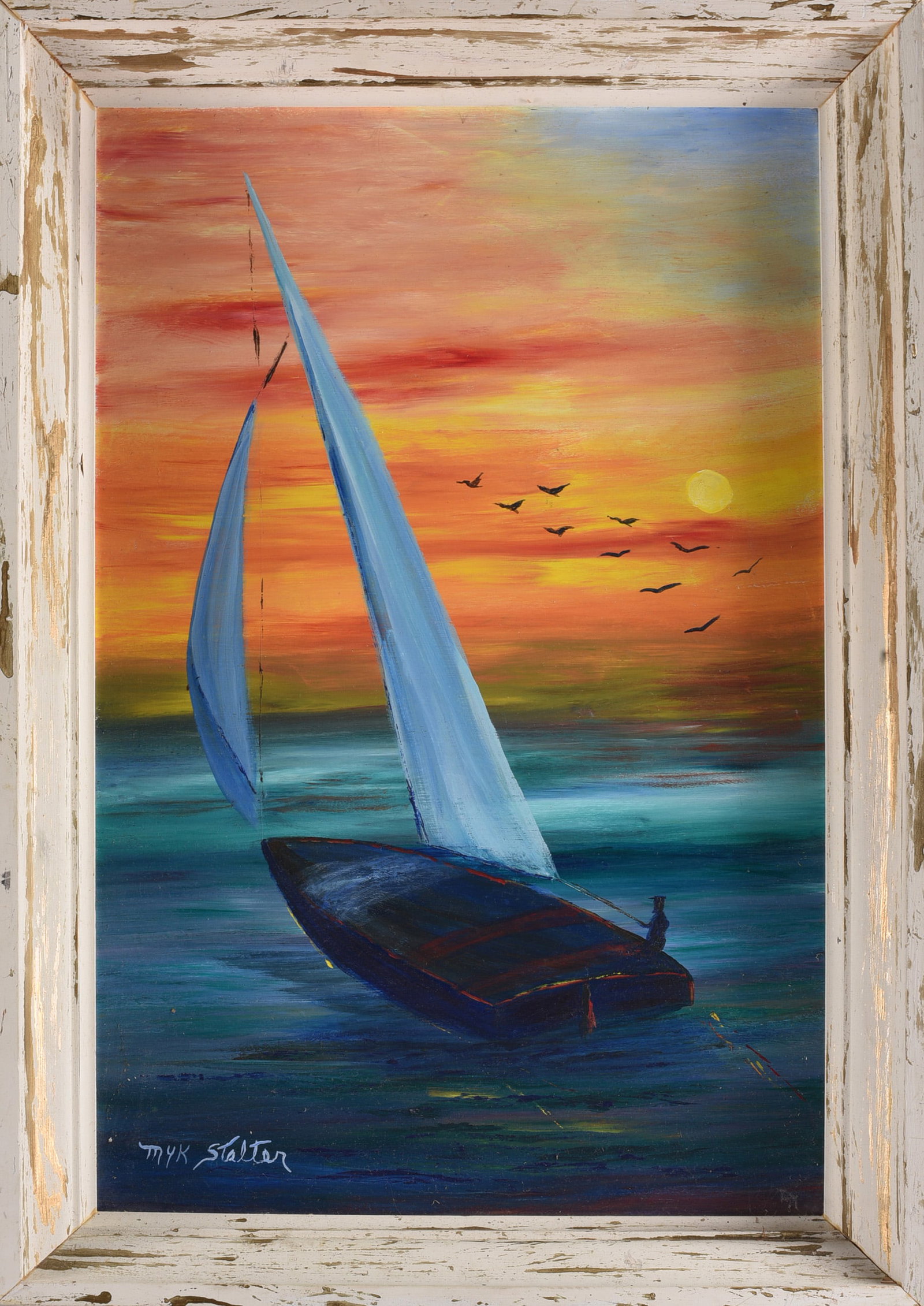 Myk Salter Painting: 18"x28" Original painting by Myk Salter depicting a sailboat at sunset. The composition features a dark blue vessel with tall blue sails set against an intensely colored orange, red and yellow sky, wi