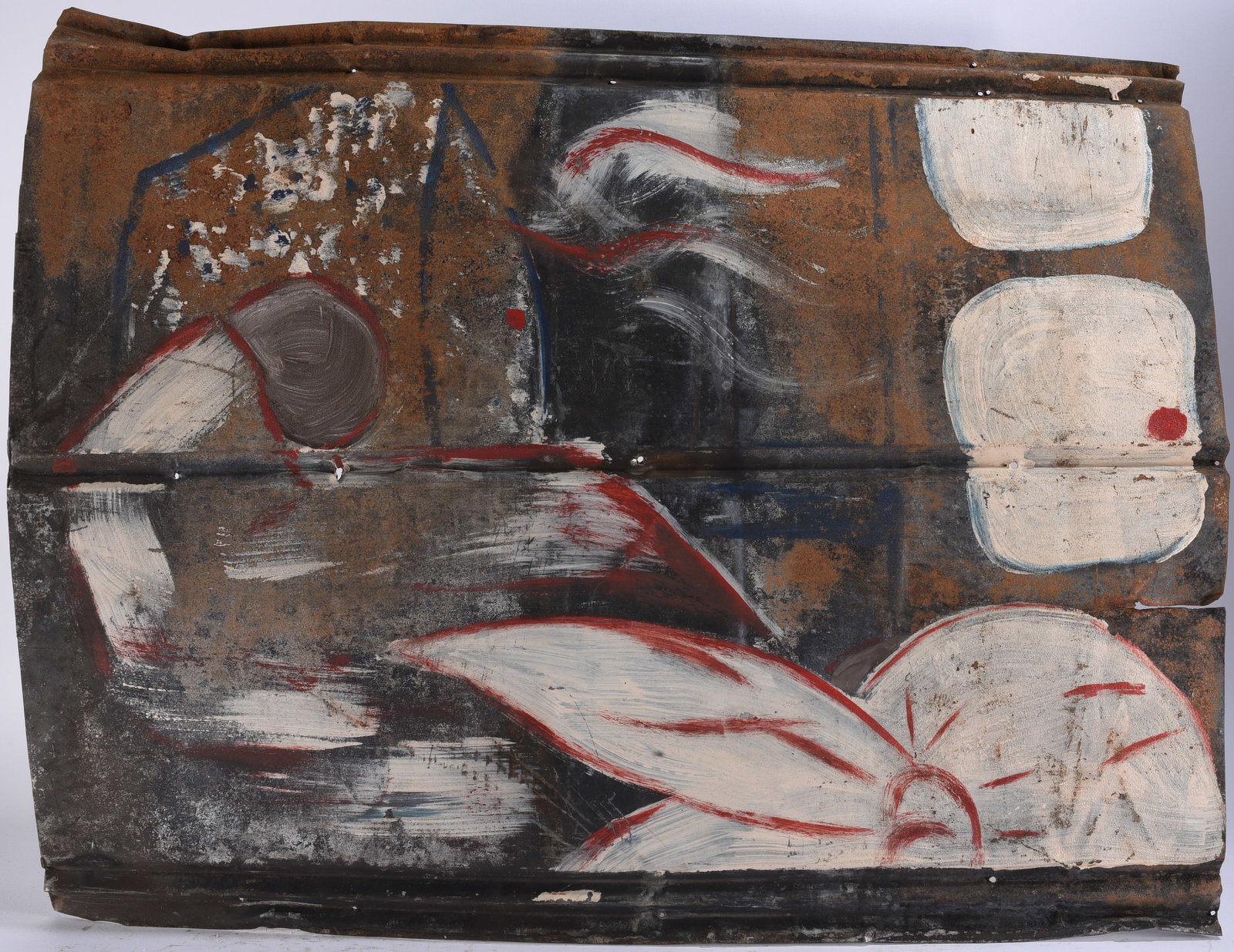 Leonard Jones Outsider Art Painting on Tin: 34"x27" Original outsider art painting on salvaged corrugated roofing tin by Leonard Jones (born 1955), a self-taught African American artist from Lincolnton, Georgia. The composition depicts a dynami