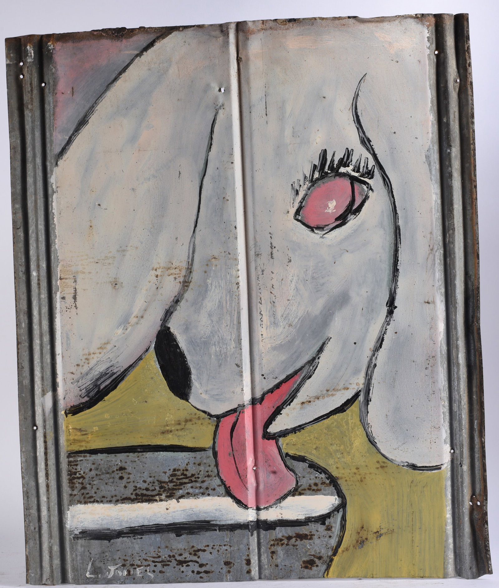 Leonard Jones Outsider Art Painting on Tin: 27"x34" Original Leonard Jones painting on salvaged corrugated roofing tin depicting a mother and child. The intimate composition features an oversized maternal figure reaching toward a young girl dre
