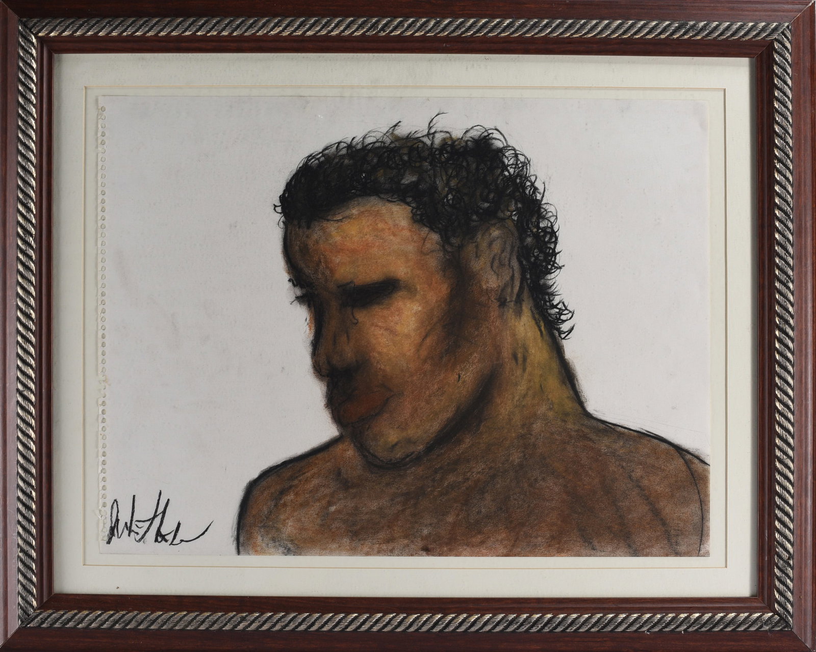 Jon Widdon Folk Art Painting: 33"x26" Original folk art portrait drawing by Jon Widdon depicting a male figure in three-quarter profile. Executed with dark charcoal or pastel and warm brown tonal shading on paper, the work emphasi