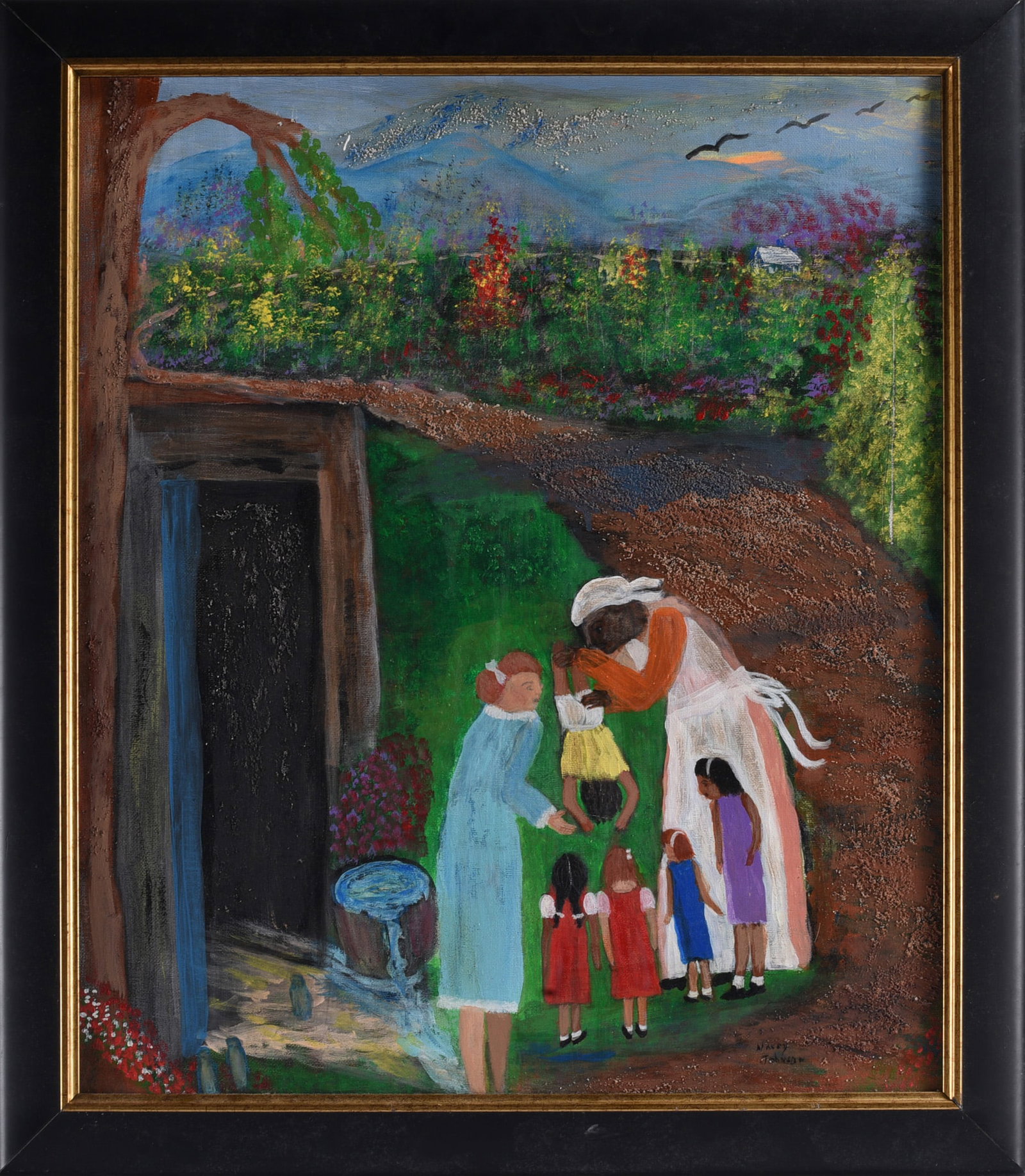 Nancey Johnson Painting Label on Back: 23"x28" Painting attributed to Nancey Johnson, depicting a Southern rural scene with a group of women and children gathered beside a country home, with a winding road, flowering landscape and distant 