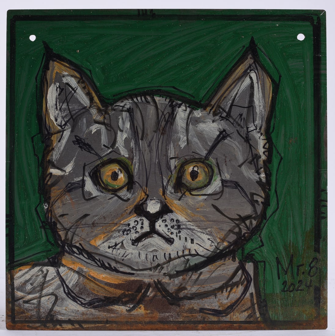 Mr. 8 Folk Art Painting: 12"x12" Mr. 8 is a contemporary self-taught folk artist known for boldly drawn paintings of animals, faces and other subjects executed with expressive linework and strong color. This 2024 painting dep