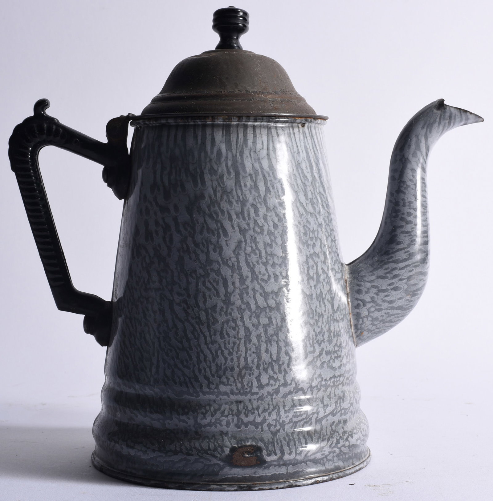 Antique Gray Graniteware Enamel Coffee Pot: 11" Antique graniteware or enamelware coffee pot featuring a mottled gray surface, tall tapered body, long gooseneck spout, black handle and fitted domed lid. An attractive early utilitarian kitchen v