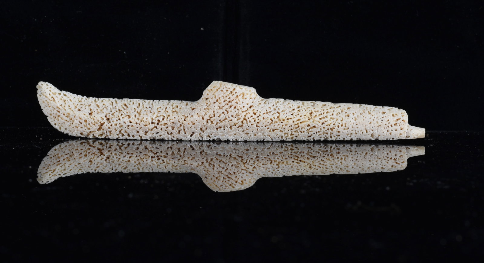 Inuit Carved Bone Kayak: 5.5" Inuit carved bone miniature kayak with elongated narrow form, raised end and central cockpit area. Hand carved from naturally porous bone with cream coloration and distinctive open texture throug