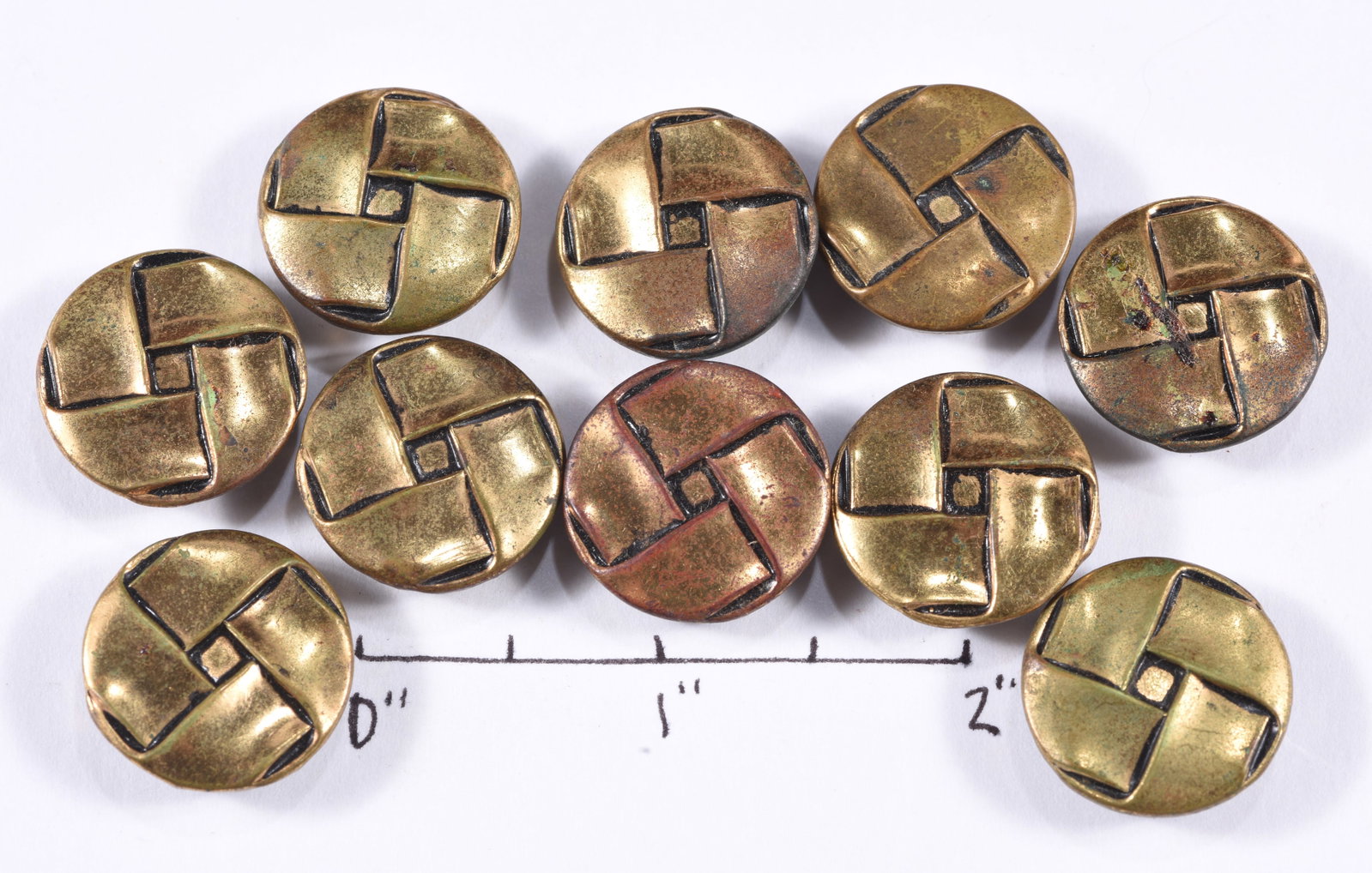 Set of 10 Geometric Brass Clothing Buttons: see photos for details.